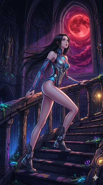 score_9, masterpiece, best quality, ultra-detailed, high-budget anime movie keyframe, cinematic anime lighting, intricate line art, Caucasian (strictly human ears) woman. Dynamic full-body shot stretching the vertical silhouette across the 9:16 frame