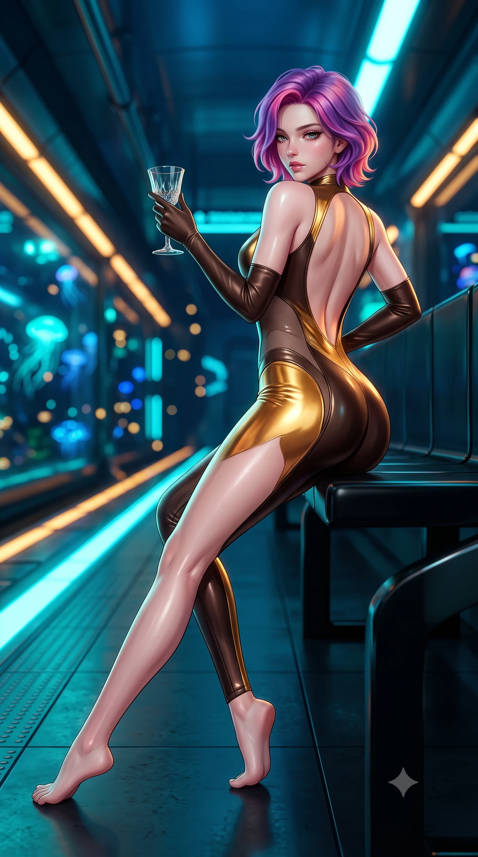 score_9, masterpiece, best quality, ultra-detailed, high-budget anime keyframe, semi-realistic 3D game render, editorial fashion photography, tasteful artistic composition, Caucasian woman. low angle full-body shot from head to toe showing her feet, filling the entire 9:16 vertical frame with her statuesque presence, stretching her vertical silhouette. posing with back turned slightly to the lens, glancing back with smoldering allure as she arches her lower back to emphasize her sculpted feminine hips and slender waist while reclining casually along a black obsidian waiting bench propped on one elbow, her slender waist and curved hips sculpted by pulsing subway neon lines. The composition keeps background elements in soft focus with creamy bokeh. bioluminescent deep-sea fauna and pulsing cyan track lights blurred into electric turquoise, sapphire, and amber bokeh through thick acrylic. She has an exceptionally tall and slender model-like 8.5-heads proportion, an ultra-slim waist, a flat toned midriff, narrow delicate ribcage, and beautifully sculpted feminine hips creating a graceful, slim hourglass silhouette without any bulky heaviness, with impossibly long slender legs. sharp v-shaped jawline, high-bridge nose, intricate jewel-like eyes with depth, thick eyelashes, glossy parted lips with a natural sheen, intensely captivating and seductive bedroom-eyes expression, flawlessly proportioned anatomical accuracy, strict slender model proportions, natural body alignment, perfectly sculpted long slender limbs, ultra-slim waistline, clean dynamic posture without body distortion. wearing a second-skin compression catsuit with an open back and sheer mesh side waist contouring in dark espresso brown and molten gold foil, tailored from second-skin aerodynamic stretch vinyl with specular wet sheen, accessorized with opera-length satin gloves and a vintage crystal glass, the liquid-tight tailored fabric clinging flawlessly to her narrow waist and rounded feminine hips, emphasizing every millimeter of her sculpted slim hourglass curves without any bulky heaviness. bathed in high-contrast cyan and amber track edge lights contrasting with deep ocean blue overhead ambient glow. highly saturated vibrant anime colors, detailed shading with soft gradients, rich glossy textures, high-contrast stereoscopic depth, volumetric dynamic lighting, master piece, 9:16 ratio