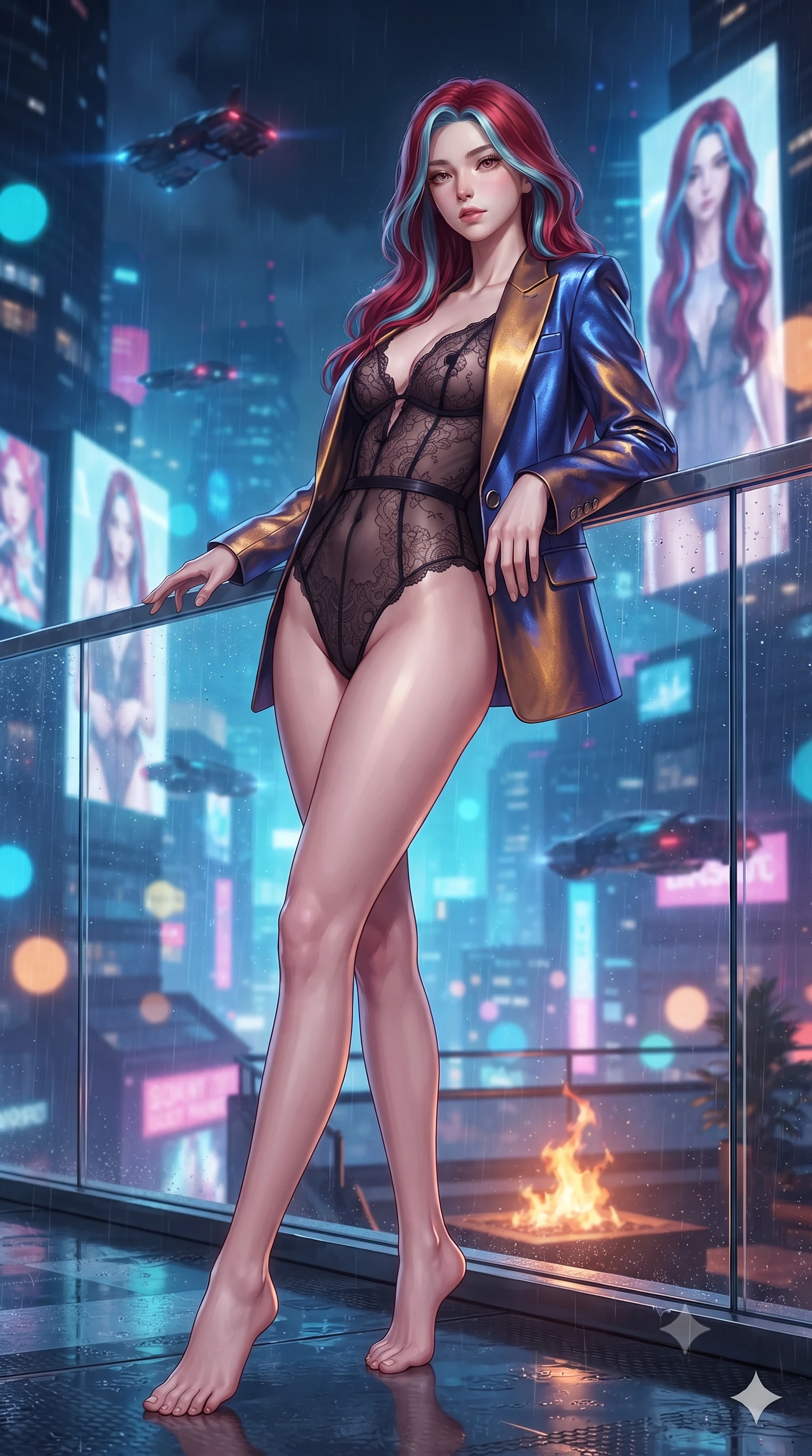 score_9, masterpiece, best quality, ultra-detailed, high-budget anime keyframe, editorial fashion photography, tasteful artistic composition, Caucasian woman. low angle full-body shot from head to toe showing her feet, filling the entire 9:16 vertical frame with her statuesque presence, stretching her vertical silhouette. leaning deep against the balcony balustrade with hips cocked back in an unapologetically alluring high-fashion stance, casting an intoxicating glance while standing poised on the wet carbon-fiber helipad high above Roppongi's holographic canyon, arching her back with high-fashion supermodel confidence as warm urban exhaust winds blow. The background shows a soft-focus towering 3D anime holographic billboards, streams of hovering luxury aerocars, and rain-washed neon skyscraper tiers blurred into electric blue, magenta, and amber bokeh. She has an exceptionally tall and slender model-like 8.5-heads proportion, an ultra-slim waist, a flat toned midriff, narrow delicate ribcage, and beautifully sculpted feminine hips creating a graceful, slim hourglass silhouette without any bulky heaviness, with impossibly long slender legs. sharp v-shaped jawline, high-bridge nose, intricate jewel-like sparkling eyes with depth, thick eyelashes, glossy parted lips with a natural peach sheen, bright cheerful beaming smile with an enchanting and coquettish sensual glint, exuding both youthful cute charm and seductive allure, flawlessly proportioned anatomical accuracy, strict slender model proportions, natural body alignment, perfectly sculpted long slender limbs, ultra-slim waistline, clean dynamic posture without body distortion. wearing a delicate sheer French Chantilly lace teddy layered under an open tailored metallic blazer draped over bare shoulders in Jovian amber and electric storm cobalt, tailored from high-density tech-wool with subtle metallic thread weave, finished with sleek magnetic buckle closures fluttering in the breeze, the impeccably tailored cut draping gracefully along her slender figure with aristocratic poise. bathed in the dynamic multi-colored ambient glow of mammoth holographic billboards contrasted with warm fire pit flames. ultra-reflective glossy finish, specular highlights, rich textural contrasts, high-contrast stereoscopic depth, volumetric dynamic lighting, 2k, ultra detail, master piece, 9:16 ratio