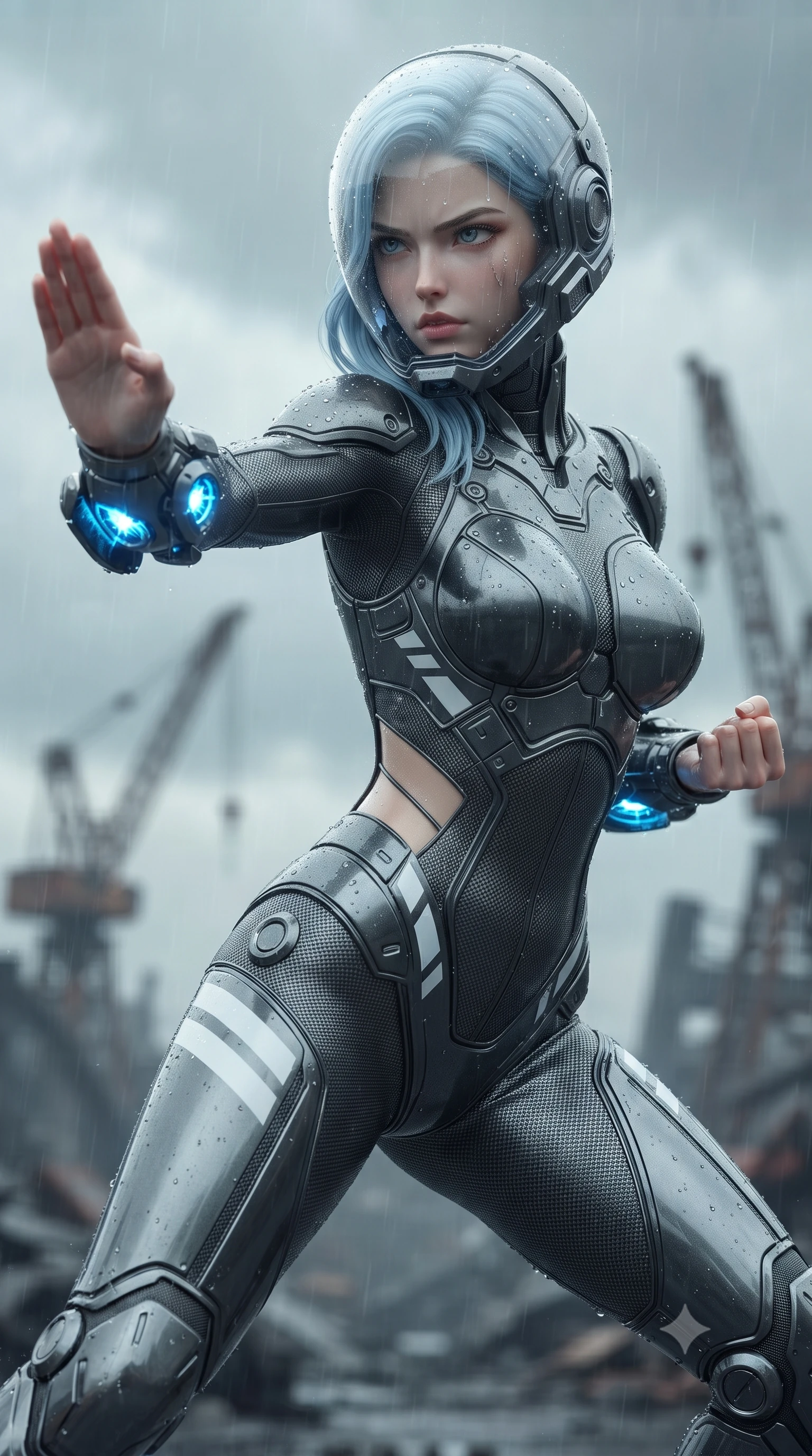 score_9, masterpiece, best quality, ultra-detailed, high-budget anime keyframe, editorial fashion photography, tasteful artistic composition, Korean woman. close-up cowboy shot from the waist and thighs up, the character dominates the composition, filling the frame with her large presence. twisting her upper body in a dynamic S-curve martial arts stance, cybernetic elbow dampers glowing with blue energy as she aims a focused palm strike while arching her spine in a fluid stretch as rain washes the dust from her bare neck and determined face. The composition keeps background elements in soft focus with creamy bokeh. distant ruined industrial cranes and overcast rainy skies softened in cinematic shallow depth of field. She has an exceptionally elegant, slender, and willowy female figure with an ultra-slim waist, a gracefully sculpted slender torso, toned flat midriff, and a refined slim silhouette. sharp v-shaped jawline, high-bridge nose, intricate jewel-like eyes with depth, thick eyelashes, glossy lips with a natural sheen, fierce and resolute heroine expression, flawlessly proportioned anatomical accuracy, strict slender model proportions, natural body alignment, perfectly sculpted long slender limbs, ultra-slim waistline, clean dynamic posture without body distortion. wearing a crystal-clear transparent armored riot-visor helmet showing her entire beautiful face and determined expression with pristine clarity, paired with a form-contouring high-mobility battle-suit featuring sculpted carbon chest plating, diagonal midriff ventilation cutouts, and kinetic knee vambraces in storm-grey carbon mesh with high-contrast white hazard stripes, crafted from ultra-strong woven carbon-fiber composite with battle-tested satin luster, finished with high-mobility flexible armor articulation seams and miniature magnetic locks, the liquid-tight tailored fabric emphasizing every curve of her tall, slender model proportions and sculptured silhouette during dynamic movement. surrounded by a triumphant, exhausted yet indomitable lone heroine sovereignty aura. ultra-reflective glossy finish, specular highlights, dark metallic sheen, high-contrast stereoscopic depth, volumetric dynamic lighting, 2k, ultra detail, master piece, 9:16 ratio