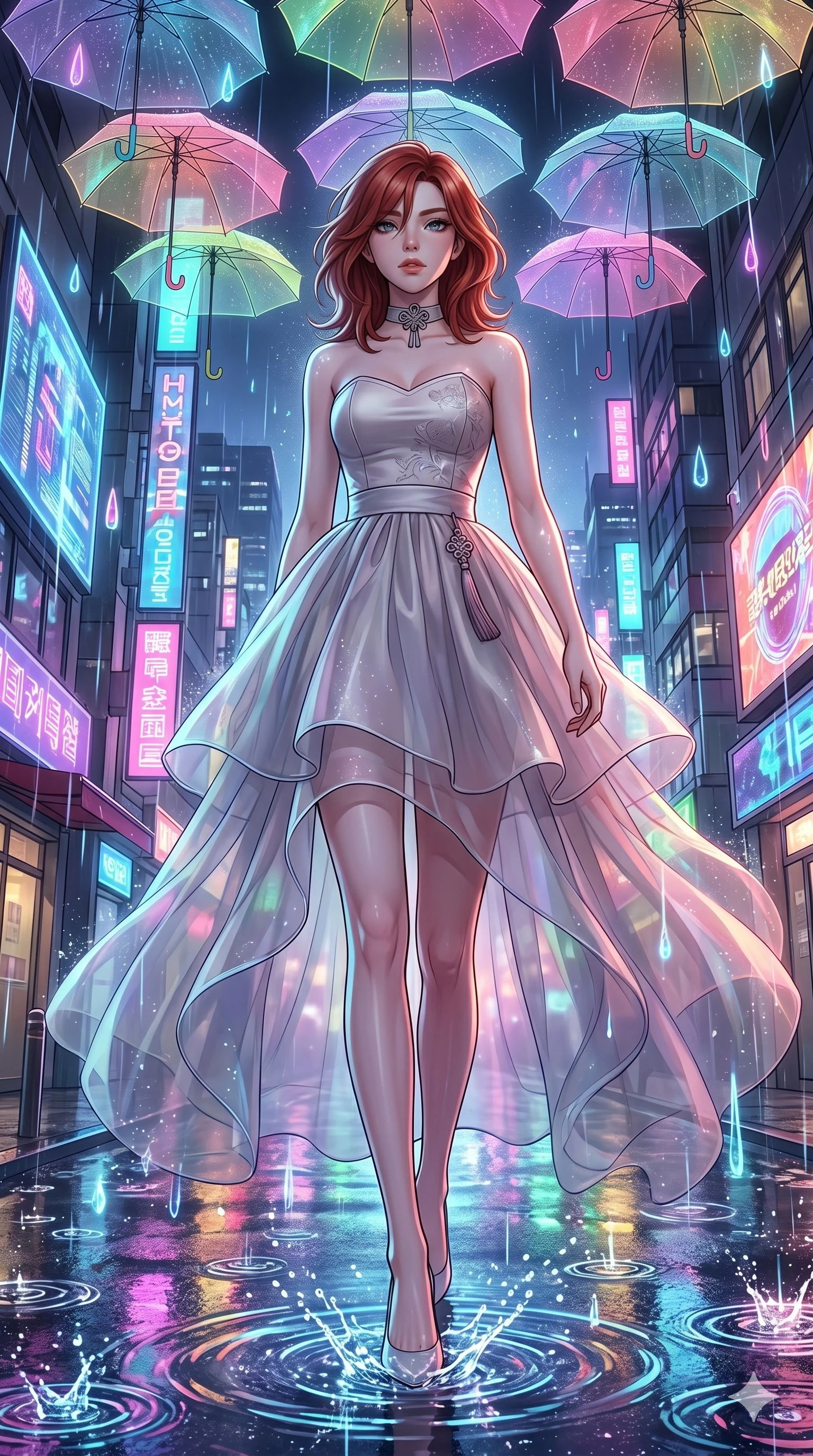 score_9, masterpiece, best quality, ultra-detailed, high-budget anime keyframe, Korean woman. low angle full-body shot filling the entire 9:16 frame with her statuesque presence, stretching the vertical silhouette. navigating a wet neon-lit future street under colorful floating umbrellas as translucent neon raindrops fall, creating brilliant splash ripples. She has an absolutely perfect 8-heads proportion, an exceptionally tall and slender female figure with impossibly long slender legs and an ultra-slim waist. V-shaped jawline, high-bridge nose, intricate jewel-like eyes with depth, thick eyelashes, glossy lips with a natural sheen.. wearing a modern fusion silk hanbok dress, featuring a silk bustier top, layered sheer organza skirts, and a traditional knot choker. illuminated by dramatic chiaroscuro casting soft shadows along her curves, with vibrant backlighting highlighting the dust particles. 2k, ultra detail, master piece, 9:16 ratio