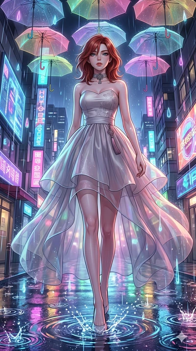 score_9, masterpiece, best quality, ultra-detailed, high-budget anime keyframe, Korean woman. low angle full-body shot filling the entire 9:16 frame with her statuesque presence, stretching the vertical silhouette. navigating a wet neon-lit future st