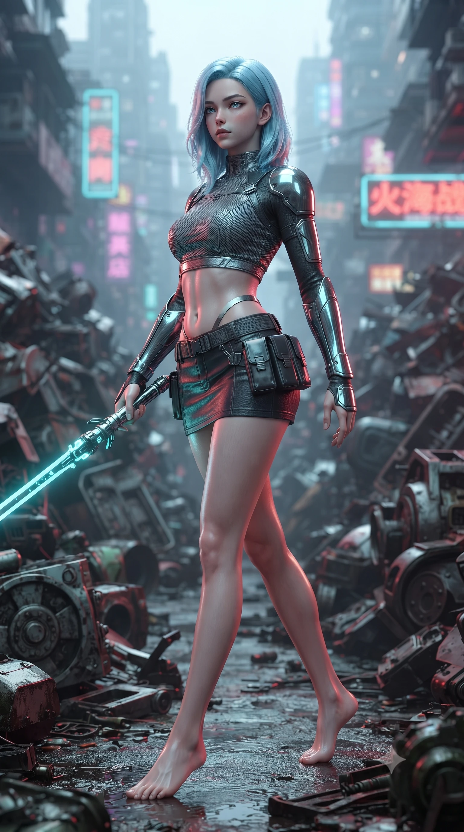score_9, masterpiece, best quality, ultra-detailed, high-budget anime keyframe, editorial fashion photography, tasteful artistic composition, Korean woman. low angle full-body shot from head to toe showing her feet, filling the entire 9:16 vertical frame with her statuesque presence, stretching her vertical silhouette. stepping gracefully through battlefield debris with a glowing saber hilt in hand, looking back over her shoulder, the background shows a soft-focus a scrap metal collection yard surrounded by neon signs from a distant city. She has an absolutely perfect, statuesque 8.5-heads proportion, an exceptionally tall and slender model-like female figure with impossibly long slender legs and an ultra-slim waist. sharp v-shaped jawline, high-bridge nose, intricate jewel-like eyes with depth, thick eyelashes, glossy lips with a natural sheen. wearing a body-hugging modern carbon-alloy crop top paired with a low-rise tactical skirt and a subtle waist cut-out. strobing cyan and red club lights from above reflecting off her metallic armor. ultra-reflective glossy finish, specular highlights, metallic sheen, high-contrast stereoscopic depth, volumetric dynamic lighting, 2k, ultra detail, master piece, 9:16 ratio