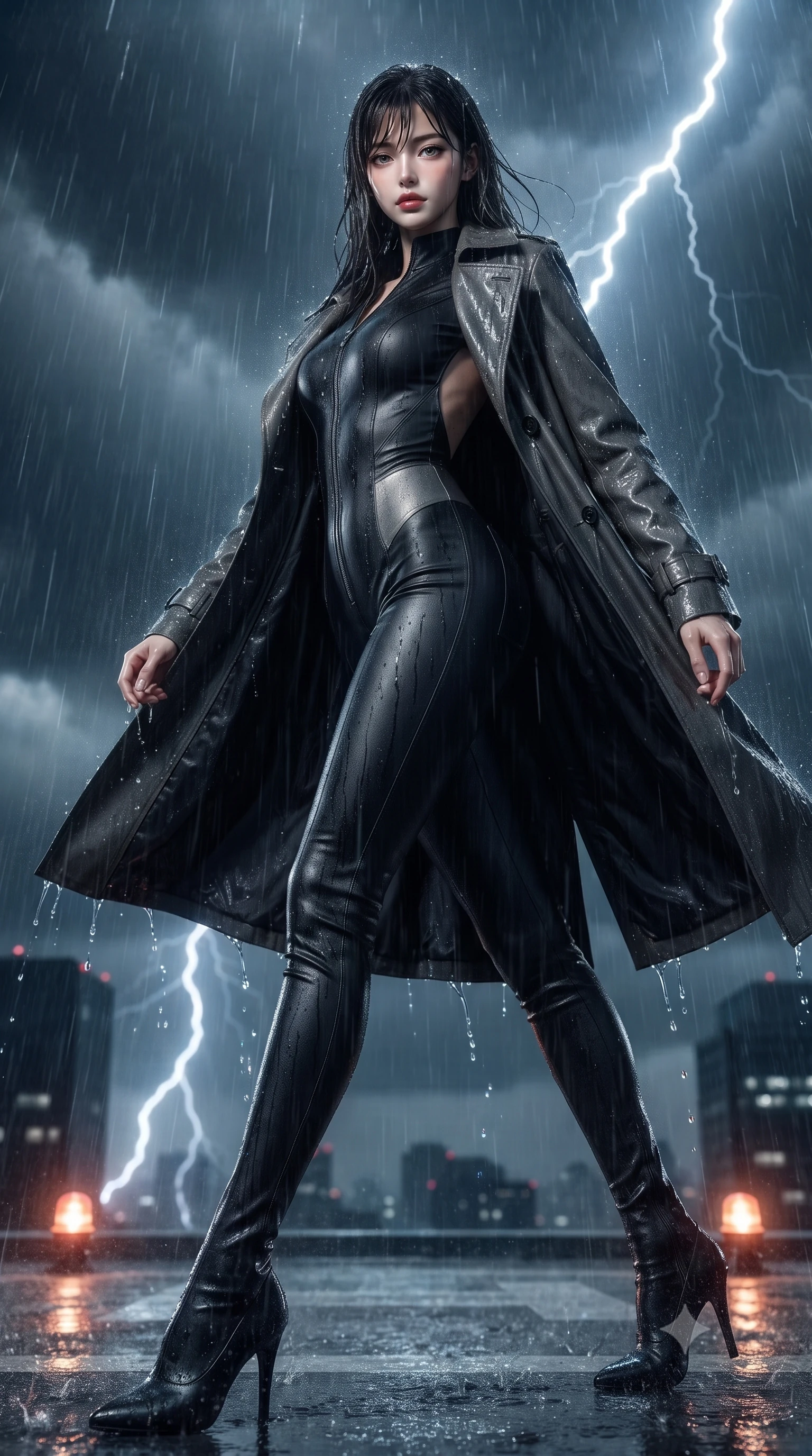 score_9, masterpiece, best quality, ultra-detailed, high-budget anime keyframe, editorial fashion photography, tasteful artistic composition, Korean woman. low angle full-body shot from head to toe showing her feet, filling the entire 9:16 vertical frame with her statuesque presence, stretching her vertical silhouette. pivoting dynamically with supreme athletic balance and poise, her impossibly long slender legs creating a breathtaking line while infiltrating a torrential midnight rooftop helipad 80 stories high as lightning flashes illuminate her wet tactical trench coat. The composition keeps background elements in soft focus with creamy bokeh. helipad perimeter warning beacons and swirling storm rain sheets softened in cinematic shallow focus. She has an absolutely perfect, statuesque 8.5-heads proportion, an exceptionally tall and slender model-like female figure with impossibly long slender legs, a toned flat midriff, and an ultra-slim waist. sharp v-shaped jawline, high-bridge nose, intricate jewel-like eyes with depth, thick eyelashes, glossy lips with a natural sheen, captivating and magnetic expression, flawlessly proportioned anatomical accuracy, strict slender model proportions, natural body alignment, perfectly sculpted long slender limbs, ultra-slim waistline, clean dynamic posture without body distortion. wearing an undercover operative tailored backless evening catsuit with concealed gadget pockets in brushed dark platinum and obsidian leather, tailored from fluid silk crepe with inner ballistic reinforcement, finished with high-mobility flexible armor joints and magnetic gear clasps, the glove-like aerodynamic second-skin fit tightly clinging to her ultra-slender waist and athletic curves without adding bulk, accentuating her razor-sharp statuesque lines and slim hourglass silhouette. surrounded by an indomitable, dangerous, and breathtakingly cinematic lone infiltration specialist aura. ultra-reflective glossy finish, specular highlights, rich textural contrasts, high-contrast stereoscopic depth, volumetric dynamic lighting, 2k, ultra detail, master piece, 9:16 ratio