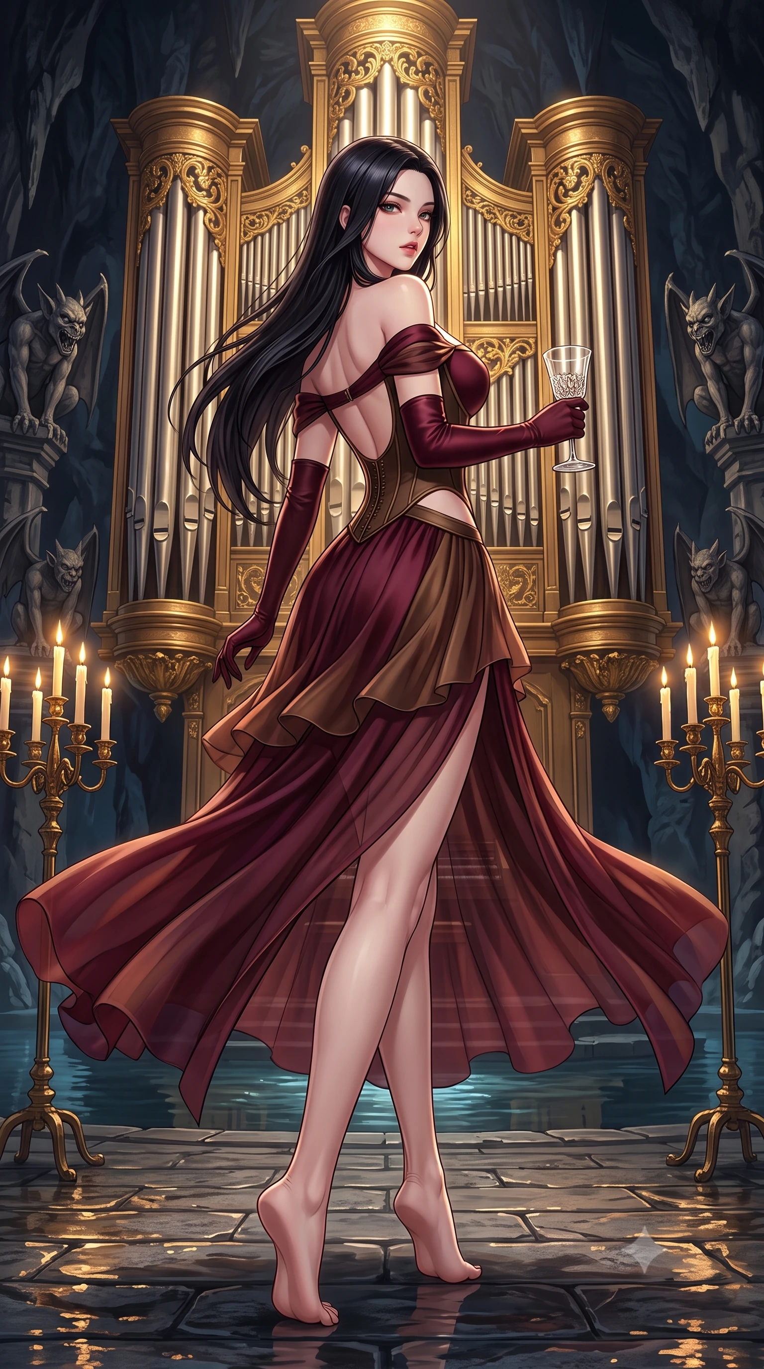 score_9, masterpiece, best quality, ultra-detailed, high-budget anime keyframe, semi-realistic 3D game render, editorial fashion photography, tasteful artistic composition, Korean woman. low angle full-body shot from head to toe showing her feet, filling the entire 9:16 vertical frame with her statuesque presence, stretching her vertical silhouette. executing an elegant mid-motion pivot turn as garments swirl around her slender limbs, glancing over her shoulder with an intoxicating bedroom-gaze while standing poised before a colossal gold-leaf pipe organ, twisting her slender torso in an alluring S-curve with smoldering gothic bedroom-eyes. The surrounding environment is rendered in vivid detail and crisp panoramic clarity. sharp carved gothic gargoyle textures, gilded organ pipe polish, and wet cavern flagstones in deep focus. She has an exceptionally tall and slender model-like 8.5-heads proportion, an ultra-slim waist, a flat toned midriff, narrow delicate ribcage, and beautifully sculpted feminine hips creating a graceful, slim hourglass silhouette without any bulky heaviness, with impossibly long slender legs. sharp v-shaped jawline, high-bridge nose, intricate jewel-like eyes with depth, thick eyelashes, glossy parted lips with a natural sheen, intensely captivating and seductive bedroom-eyes expression, flawlessly proportioned anatomical accuracy, strict slender model proportions, natural body alignment, perfectly sculpted long slender limbs, ultra-slim waistline, clean dynamic posture without body distortion. wearing an off-shoulder French court corset bodice dress paired with a tiered translucent chiffon slit skirt in deep wine burgundy and antique bronze, tailored from water-resistant treated wool gabardine and flexible stretch silk, accessorized with opera-length satin gloves and a vintage crystal glass, the precision-cut side openings and low-back scoop framing her graceful spine and the sensual sweep of her slim, toned hips. bathed in warm golden candelabra flicker from all sides and soft subterranean lake water reflections. highly saturated vibrant anime colors, detailed shading with soft gradients, rich glossy textures, high-contrast stereoscopic depth, volumetric dynamic lighting, master piece, 9:16 ratio