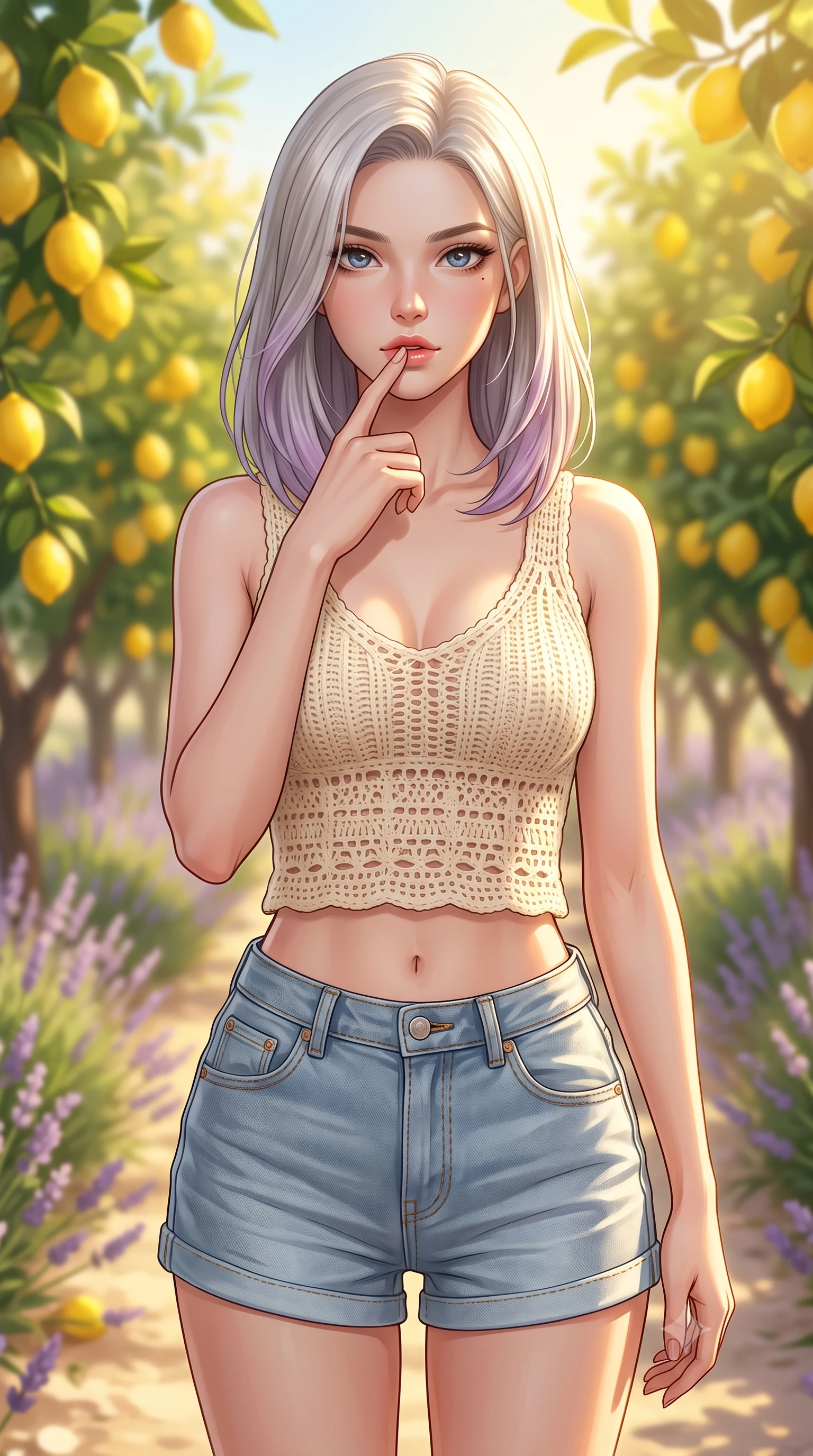 score_9, masterpiece, best quality, ultra-detailed, high-budget anime keyframe, editorial fashion photography, tasteful artistic composition, Caucasian woman woman. close-up cowboy shot from the waist and thighs up, the character dominates the composition, filling the frame with her large presence, background elements kept in soft focus. pressing one finger to her bottom lip in a thoughtful, seductive gesture under the warm sun the background shows a soft-focus an orchard path lined with lemon trees heavy with ripe yellow fruit in Provence. She has an exceptionally elegant, slender, and willowy female figure with an ultra-slim waist, a gracefully sculpted slender torso, and a refined silhouette. sharp v-shaped jawline, high-bridge nose, intricate jewel-like eyes with depth, thick eyelashes, glossy lips with a natural sheen. wearing a tailored lightweight crochet knit top in cream, paired with light wash denim shorts. bright lemon-yellow sunlight bathing the orchard in a warm glow. 2k, ultra detail, master piece, 9:16 ratio