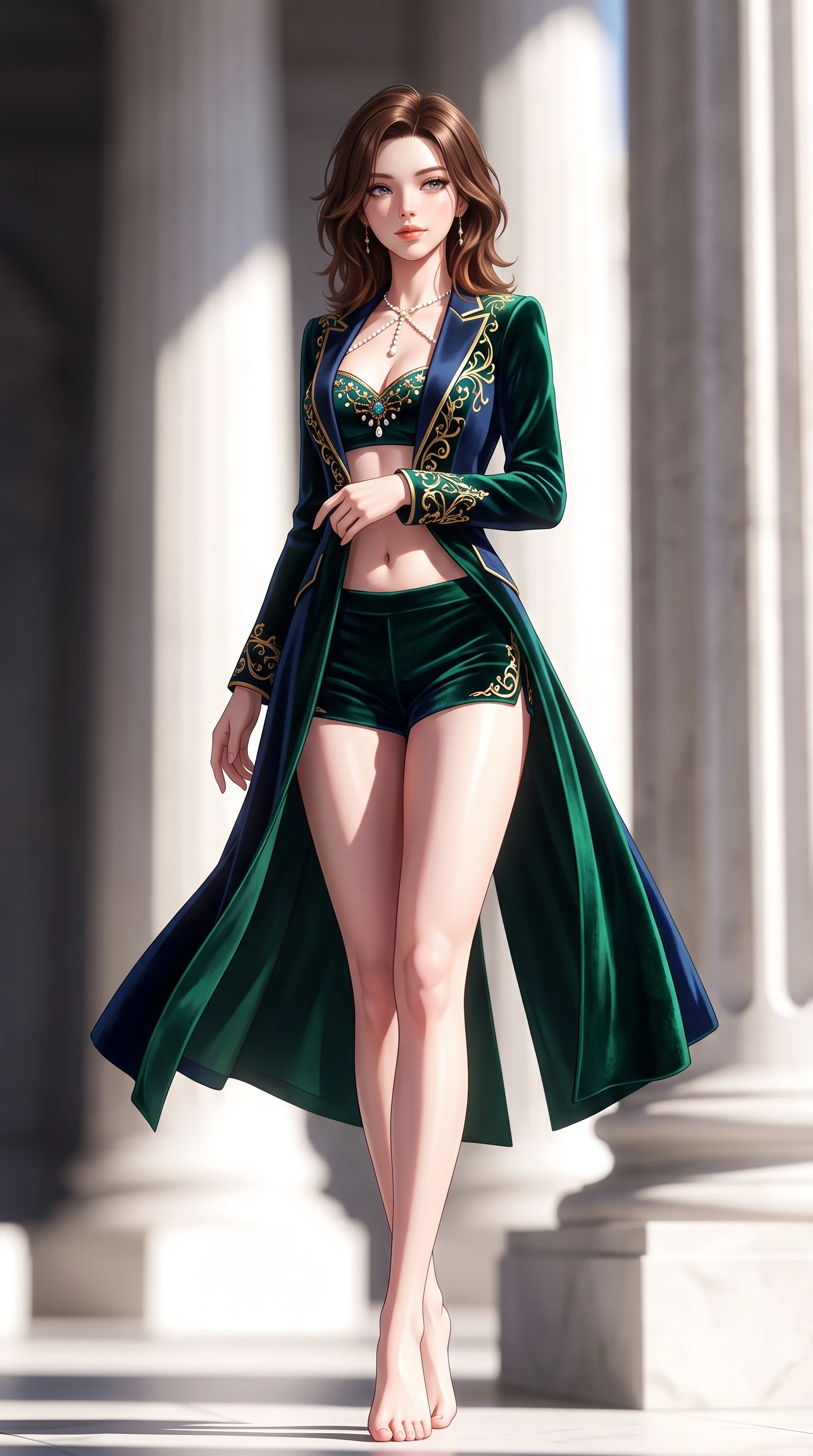 score_9, masterpiece, best quality, ultra-detailed, high-budget anime keyframe, semi-realistic 3D game render, editorial fashion photography, tasteful artistic composition, Korean woman. low angle full-body shot from head to toe showing her feet, filling the entire 9:16 vertical frame with her statuesque presence, stretching her vertical silhouette. executing a slow, graceful pivot turn as her skirt sways around her slender legs, glancing back with an enchanting, teasing sensual expression while twisting her slender torso in an alluring contrapposto stance, stark diagonal shadow wedges framing her narrow waist and rounded hips. The background shows a soft-focus diagonal sunlight wedges softened in architectural monumentality shallow focus. She has an absolutely perfect, statuesque 8.5-heads proportion, an exceptionally tall and slender model-like female figure with impossibly long slender legs, an ultra-slim waist, a flat toned midriff, narrow delicate ribcage, and beautifully sculpted feminine hips creating a graceful, slim hourglass silhouette without any bulky heaviness. sharp v-shaped jawline, high-bridge nose, sparkling eyes with hypnotic seductive depth, thick curled eyelashes, glossy parted lips with a natural dewy peach sheen, alluring bedroom-eyes with an enchanting coquettish smile, exuding magnetic siren charisma and sophisticated glamour, flawlessly proportioned anatomical accuracy, strict slender model proportions, natural body alignment, perfectly sculpted long slender limbs, ultra-slim waistline, clean dynamic posture without body distortion. wearing a tailored open-front minimal smoking blazer worn over a jewel-embellished bandeau and micro-shorts in deep emerald velvet and dark sapphire with gold filigree, tailored from ultra-plush velvet with rich tactile depth and deep shadow gradients, accented with a pearl-drop body harness subtly framing her dewy collarbones and spine, the high-slit wrap tailoring accentuating her ultra-slim waistline and the enchanting curve of her feminine hips with alluring seductive charm. bathed in intense high-noon sun creating stark, high-contrast black-and-white architectural chiaroscuro. highly saturated vibrant anime colors, detailed shading with soft gradients, rich glossy textures, high-contrast stereoscopic depth, volumetric dynamic lighting, master piece, 9:16 ratio