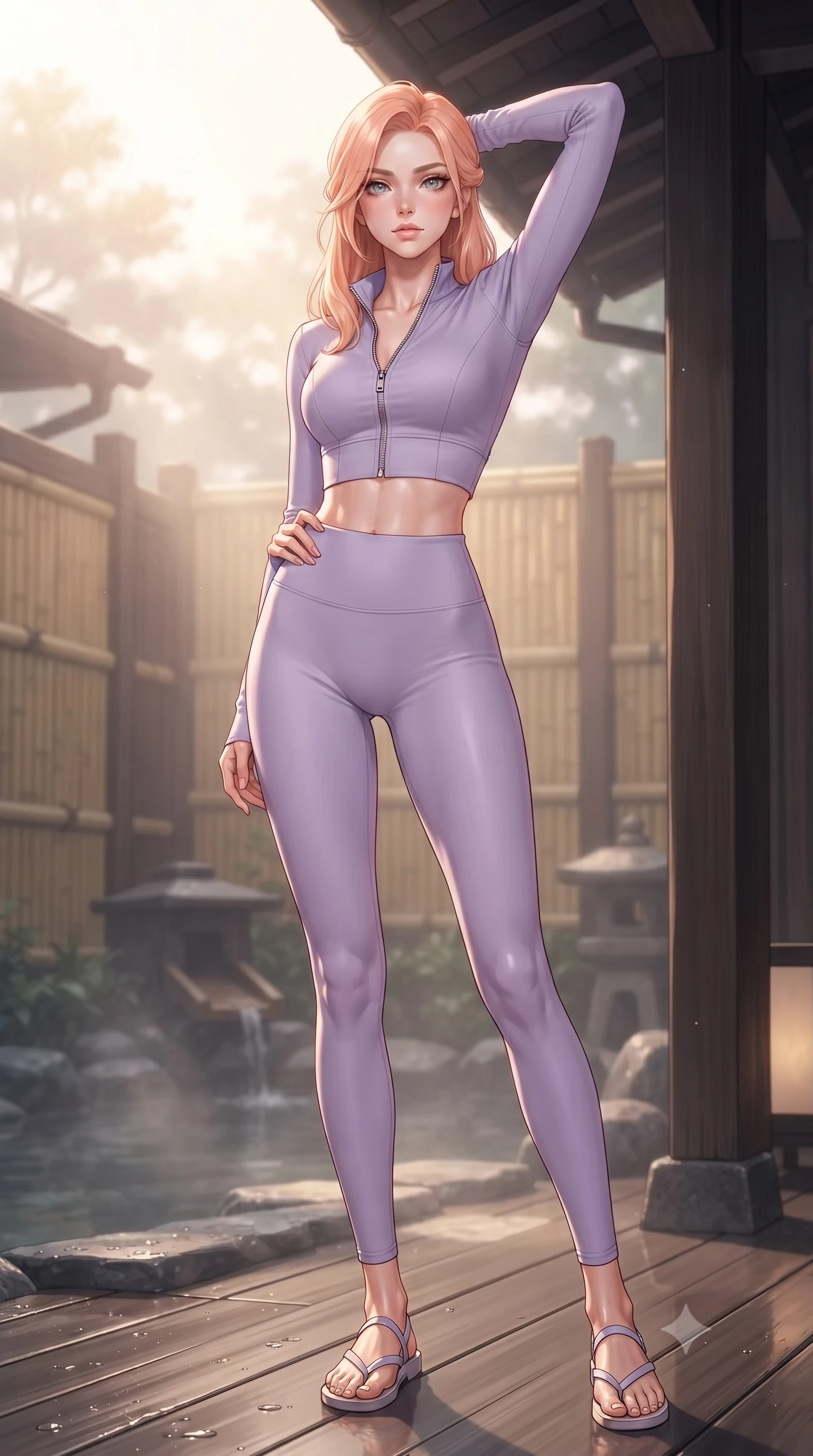 score_9, masterpiece, best quality, ultra-detailed, high-budget anime keyframe, editorial fashion photography, tasteful artistic composition, Japanese woman. low angle full-body shot from head to toe showing her feet, filling the entire 9:16 vertical frame with her statuesque presence, stretching her vertical silhouette. posing confidently with one hand on her hip, stretching her statuesque body to emphasize her curves the background shows a soft-focus a cozy hot spring veranda with dark cedar wood partitions and bamboo fences. She has an absolutely perfect, statuesque 8.5-heads proportion, an exceptionally tall and slender model-like female figure with impossibly long slender legs and an ultra-slim waist. sharp v-shaped jawline, high-bridge nose, intricate jewel-like eyes with depth, thick eyelashes, glossy lips with a natural sheen. wearing a body-hugging body-hugging activewear set of a tailored zip-up long-sleeve crop top and matching high-waisted leggings in soft lavender. soft morning mist diffusing the warm sunbeams, creating a tranquil atmosphere. ultra-reflective glossy finish, specular highlights, metallic sheen, high-contrast stereoscopic depth, volumetric dynamic lighting, 2k, ultra detail, master piece, 9:16 ratio