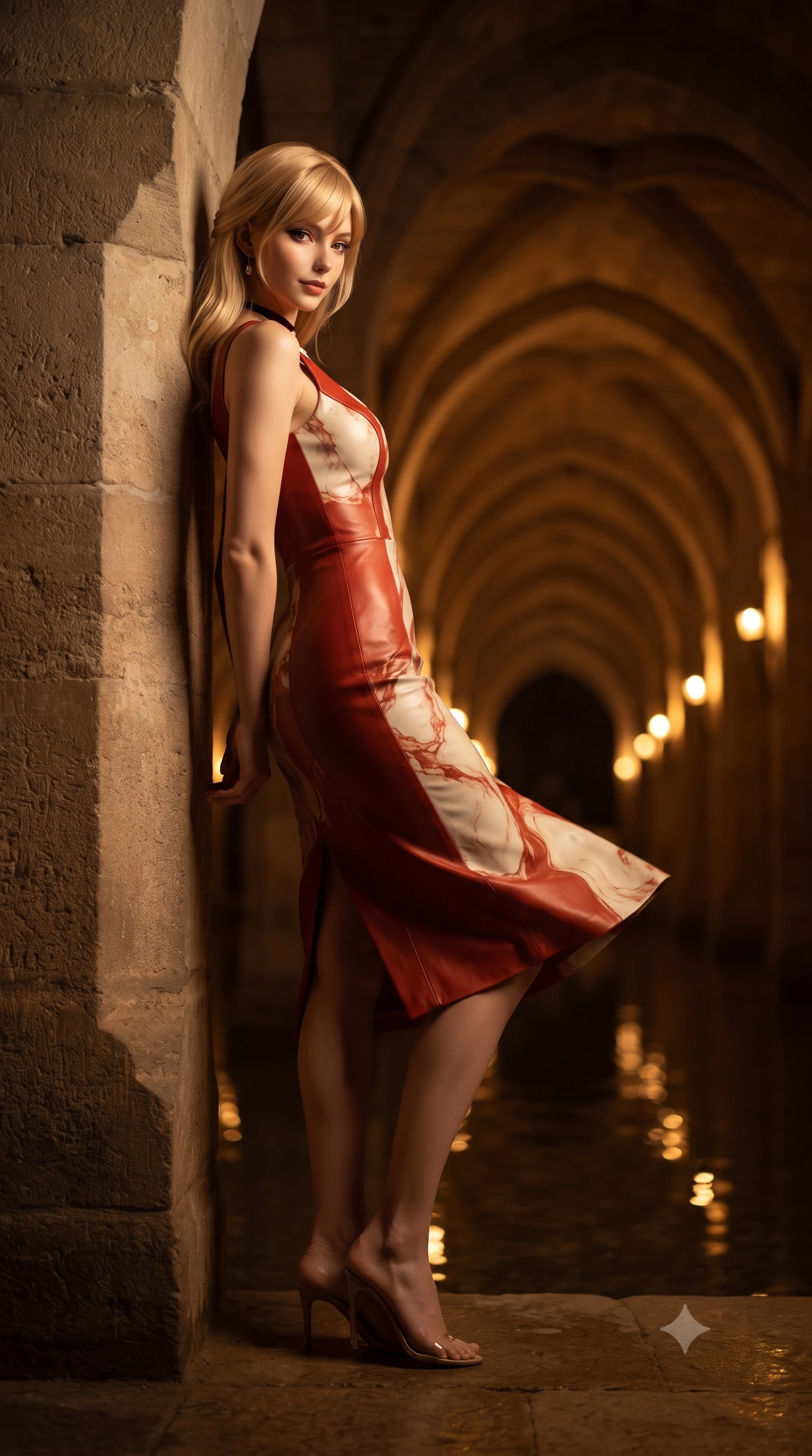 score_9, masterpiece, best quality, ultra-detailed, high-budget anime keyframe, editorial fashion photography, tasteful artistic composition, Caucasian woman. low angle full-body shot from head to toe showing her feet, filling the entire 9:16 vertical frame with her statuesque presence, stretching her vertical silhouette. executing a slow, graceful pivot turn as her skirt sways around her slender legs, glancing back with an enchanting, teasing sensual expression while leaning against the ancient limestone vault pier with hips cocked back, looking down the subterranean perspective of arches with intoxicating bedroom-eyes. The background shows a soft-focus infinite rhythm of ribbed stone groin vaults extending into darkness, mirror-still subterranean water reflections, blurred into amber, ochre, and deep bronze bokeh. She has an exceptionally tall and slender model-like 8.5-heads proportion, an ultra-slim waist, a flat toned midriff, narrow delicate ribcage, and beautifully sculpted feminine hips creating a graceful, slim hourglass silhouette without any bulky heaviness, with impossibly long slender legs. sharp v-shaped jawline, high-bridge nose, intricate jewel-like sparkling eyes with depth, thick eyelashes, glossy parted lips with a natural peach sheen, bright cheerful beaming smile with an enchanting and coquettish sensual glint, exuding both youthful cute charm and seductive allure, flawlessly proportioned anatomical accuracy, strict slender model proportions, natural body alignment, perfectly sculpted long slender limbs, ultra-slim waistline, clean dynamic posture without body distortion. wearing an ultra-sleek stretch lambskin leather sheath dress accentuating her slim waistline in Cordoba vermilion red and ivory alabaster marble, crafted from bespoke double-faced cashmere with an exceptionally soft tactile finish, finished with a thin velvet ribbon choker and a single teardrop diamond pendant, the second-skin tailored fabric adhering flawlessly to her sculpted flat midriff and slender torso, emphasizing her long leg lines and perfectly proportioned willowy build. bathed in the dramatic warm 2400K golden torchlight and architectural sconces lining the underground arches. ultra-reflective glossy finish, specular highlights, rich textural contrasts, high-contrast stereoscopic depth, volumetric dynamic lighting, 2k, ultra detail, master piece, 9:16 ratio