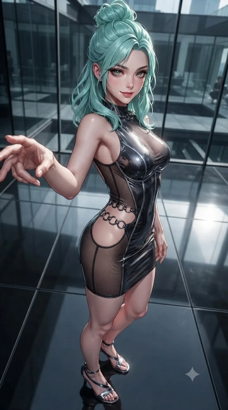 score_9, masterpiece, best quality, ultra-detailed, high-budget anime keyframe, editorial fashion photography, tasteful artistic composition, Japanese woman. close-up cowboy shot from the waist and thighs up, the character dominates the composition, filling the frame with her large presence. reaching one hand toward the viewer with relaxed dark elegance, her sculpted waistline catching specular highlights while twisting her slender torso in an alluring contrapposto stance across the mirrored glass floor, dark glossy reflections contouring her waist and hips. The surrounding environment is rendered in vivid detail and crisp panoramic clarity: detailed structured bodice gown tailoring, metallic silver boning, and liquid fabric sheen in razor-sharp precision. She has an exceptionally elegant, slender, and willowy female figure with an ultra-slim waist, flat toned midriff, narrow ribcage, and sculpted feminine hips creating an alluring, slim hourglass silhouette without bulk. sharp v-shaped jawline, high-bridge nose, intricate jewel-like dark sparkling eyes with hypnotic seductive depth, thick curled eyelashes, glossy parted lips with a natural wine sheen, alluring bedroom-eyes with an enigmatic smoldering smile, exuding magnetic sovereign charisma and dark avant-garde glamour, flawlessly proportioned anatomical accuracy, strict slender model proportions, natural body alignment, perfectly sculpted long slender limbs, ultra-slim waistline, clean dynamic posture without body distortion. wearing a liquid-look wet vinyl micro-mini dress clinging like a second skin with hip-high side cutouts in liquid mercury chrome and smoky quartz, crafted from fine dark contouring mesh with sheer geometric transparency, trimmed with dark chrome ring hardware along the waist contours, the precision-cut side openings and low-back scoop framing her graceful spine and the sensual sweep of her slim, toned hips. illuminated by reflective glass floor bounce and sharp silver-mercury rim lights sculpting her razor-sharp jawline, narrow waist, and curvy hips. ultra-reflective glossy finish, specular highlights, metallic sheen, high-contrast stereoscopic depth, volumetric dynamic lighting, 2k, ultra detail, master piece, 9:16 ratio