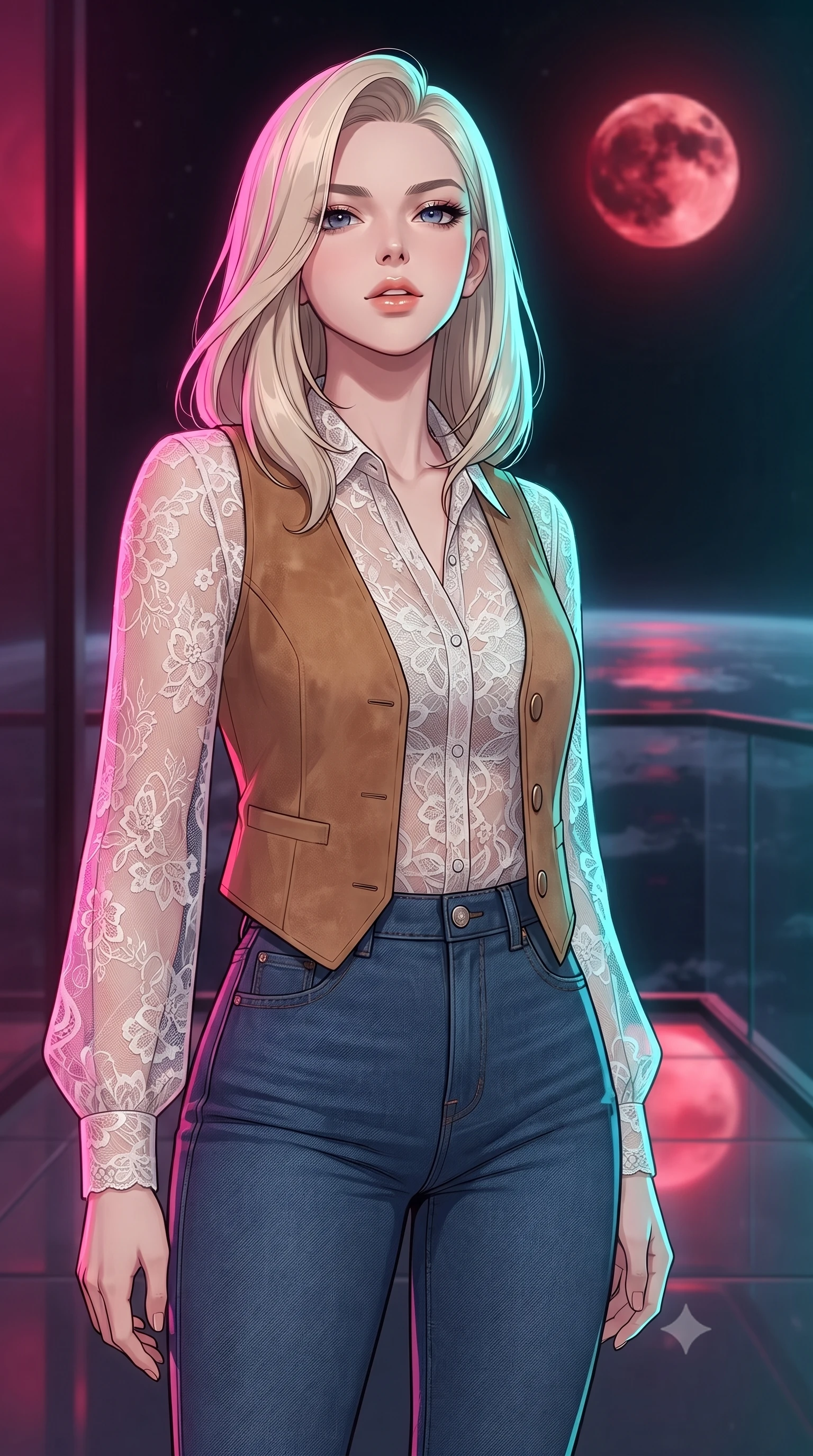 score_9, masterpiece, best quality, ultra-detailed, high-budget anime keyframe, gorgeous anime illustration, artistic 2d flat cel-shaded style, Caucasian woman, strictly human ears. close-up cowboy shot from the waist and thighs up, the character dominates the composition, filling the frame with her large presence, background elements kept in soft focus. Tilting her chin up slightly with lips parted in a composed expression. set against a soft-focus background of on a translucent glass balcony suspended over a dark planet, during a total lunar eclipse where the blood moon casts a crimson halo, glowing red moonbeams reflecting off the polished glass surface. She has an exceptionally elegant and slender, willowy female figure with an ultra-slim waist, a gracefully sculpted slender torso, and a refined slim physique. sharp v-shaped jawline, high-bridge nose, intricate jewel-like eyes with depth, thick eyelashes, glossy lips with a natural sheen. wearing a sheer white lace blouse layered under a camel suede vest, paired with high-waisted dark blue jeans. dual-tone lighting with hot magenta from the left and cool cyan from the right. 2k, ultra detail, master piece, 9:16 ratio, vibrant anime color palette, flat color shading, 2d animation style