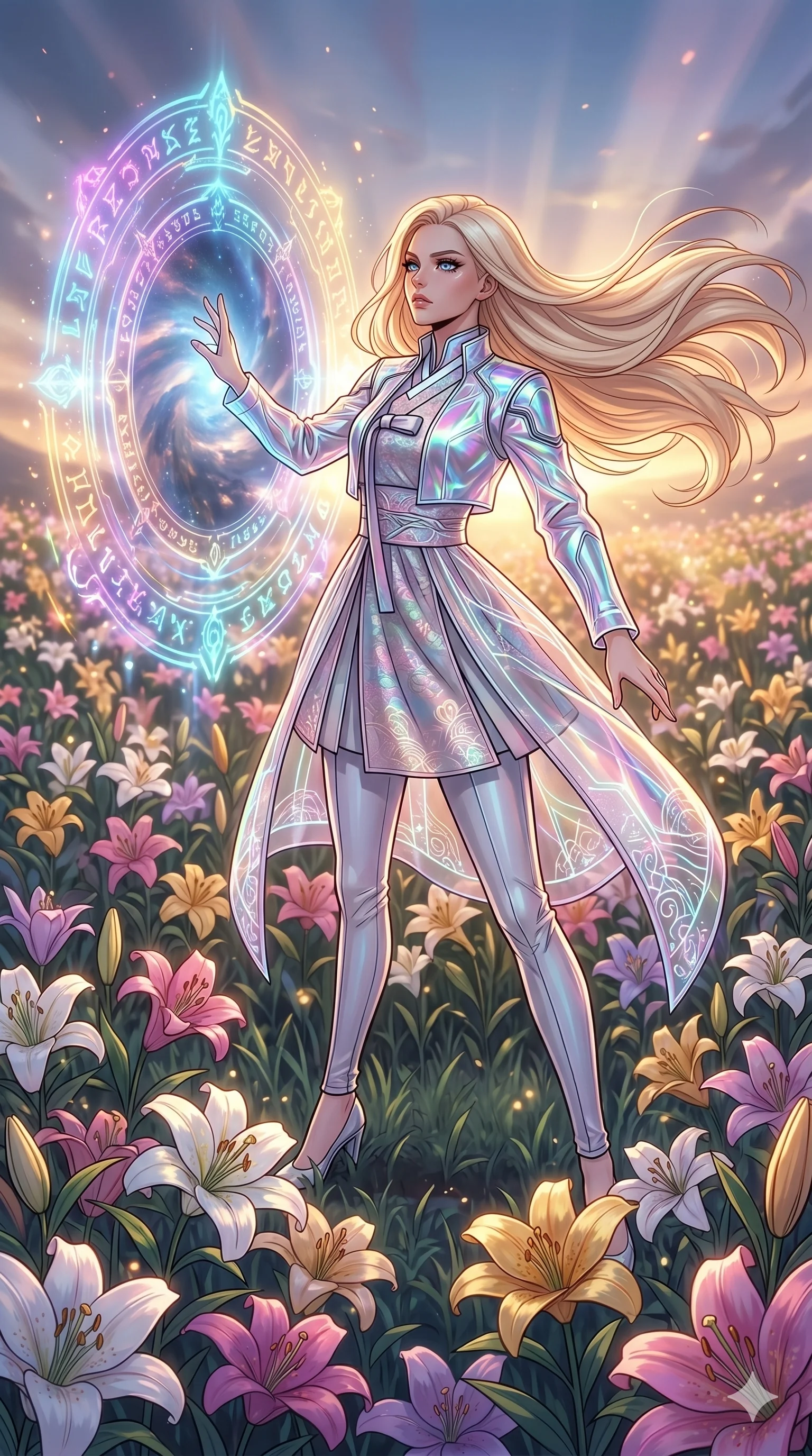 score_9, masterpiece, best quality, ultra-detailed, high-budget anime movie keyframe, cinematic anime lighting, intricate line art, Caucasian (strictly human ears) woman. Low angle cowboy shot capturing a powerful motion and statuesque presence. summoning a gateway to another dimension in a field of lilies. She has an absolutely perfect 8-heads proportion, an exceptionally tall and slender female figure with an ultra-slim waist and impossibly long slender legs. strictly human anatomy, two legs only, no extra limbs, clearly defined legs and arms, perfect anatomy, perfect hands and fingers. sharp v-shaped jawline, high-bridge nose, intricate jewel-like eyes, thick eyelashes, glossy lips. Wearing Modern Traditional: Shortened cyber-hanbok with fusion silk robes and transparent panels. The scene is illuminated by dramatic atmospheric lighting and vibrant color palettes. , 2k, ultra detail, master piece, 9:16 ratio