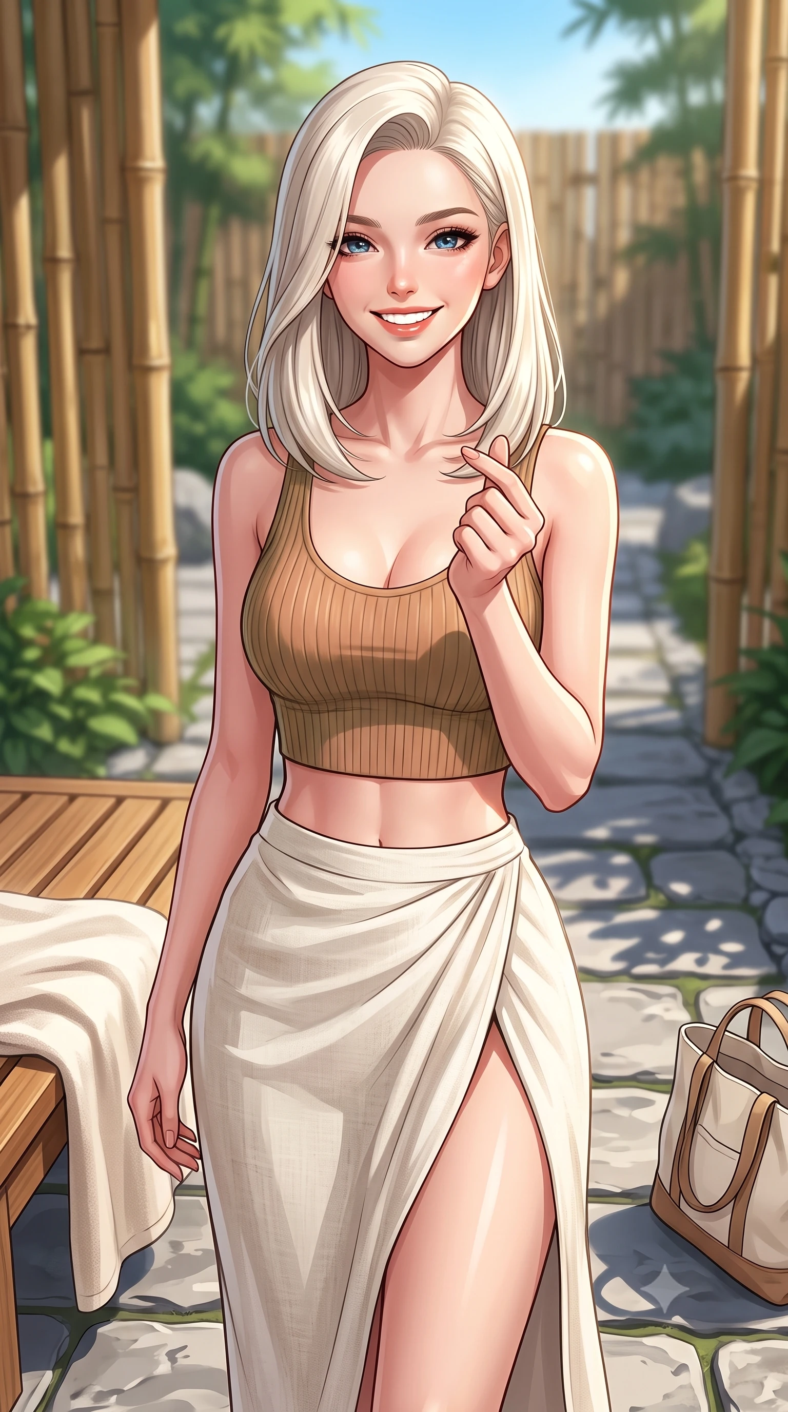 score_9, masterpiece, best quality, ultra-detailed, high-budget anime keyframe, editorial fashion photography, tasteful artistic composition, Caucasian woman. close-up cowboy shot from the waist and thighs up, the character dominates the composition, filling the frame with her large presence, background elements kept in soft focus. flashing a bright, sunny grin, holding her fingers in a cute small heart shape set against a soft-focus background of in a peaceful wellness spa garden with bamboo partitions and stone pathways with a soft linen beach towel and a cute canvas tote bag nearby. She has an exceptionally elegant, slender, and willowy female figure with an ultra-slim waist, a gracefully sculpted slender torso, and a refined silhouette. sharp v-shaped jawline, high-bridge nose, intricate jewel-like eyes with depth, thick eyelashes, glossy lips with a natural sheen. wearing form-contouring stylish crop top paired with a high-slit linen wrap skirt. bright midday sun casting crisp, clean shadows on the white stone deck. highly saturated vibrant anime colors, detailed shading with soft gradients, rich glossy textures, high-contrast stereoscopic depth, volumetric dynamic lighting, master piece, 9:16 ratio