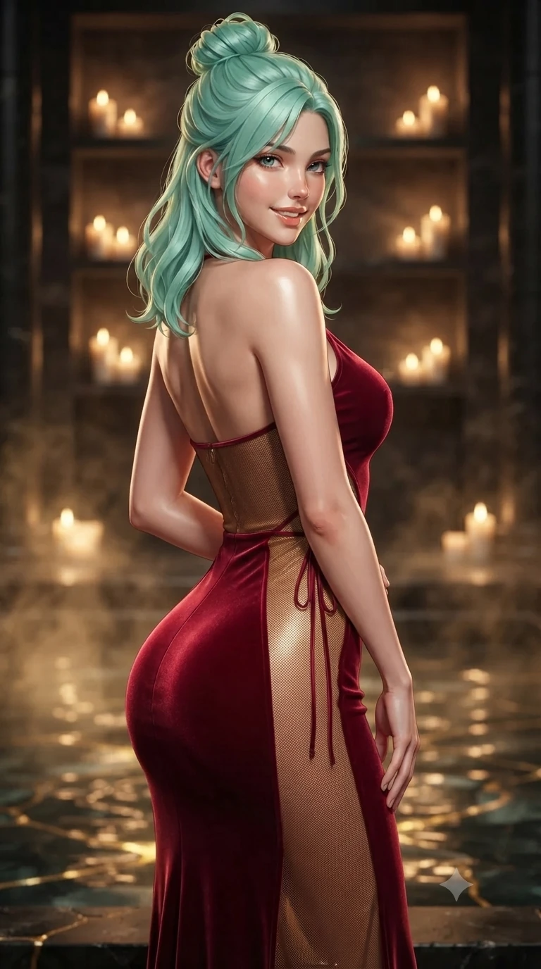 score_9, masterpiece, best quality, ultra-detailed, high-budget anime keyframe, editorial fashion photography, tasteful artistic composition, Japanese woman. close-up cowboy shot from the waist and thighs up, the character dominates the composition, filling the frame with her large presence. posing in an alluring rear three-quarter angle, looking over a bare shoulder with parted glossy lips, her hips cocked back to highlight her slim hourglass curve while standing poised on the heated black basalt terrace above the sunken kintsugi pool, arching her back with high-fashion supermodel confidence as warm golden mineral steam rises. The background shows a soft-focus flickering wax candles lining tiered wall niches, swirling golden water currents, and dark basalt colonnades blurred into topaz, charcoal, and amber bokeh. She has an exceptionally elegant, slender, and willowy female figure with an ultra-slim waist, flat toned midriff, narrow ribcage, and sculpted feminine hips creating an alluring, slim hourglass silhouette without bulk. sharp v-shaped jawline, high-bridge nose, intricate jewel-like sparkling eyes with depth, thick eyelashes, glossy parted lips with a natural peach sheen, bright cheerful beaming smile with an enchanting and coquettish sensual glint, exuding both youthful cute charm and seductive allure, flawlessly proportioned anatomical accuracy, strict slender model proportions, natural body alignment, perfectly sculpted long slender limbs, ultra-slim waistline, clean dynamic posture without body distortion. wearing a plunge-front sheer illusion tulle slip dress with liquid platinum ribbon stripes hugging her curves in royal opera crimson velvet and burnished gold, woven from fine semi-opaque stretch illusion mesh tracing her slender contours, featuring fine criss-cross lace-up side ties revealing tantalizing glimpses of her hip curve, the glove-like clinging cut tightly following the natural contour of her hips and long slender legs with youthful 8.5-heads elegance. bathed in warm 2200K golden candlelight mixed with underwater liquid gold thermal LEDs. ultra-reflective glossy finish, specular highlights, rich textural contrasts, high-contrast stereoscopic depth, volumetric dynamic lighting, 2k, ultra detail, master piece, 9:16 ratio