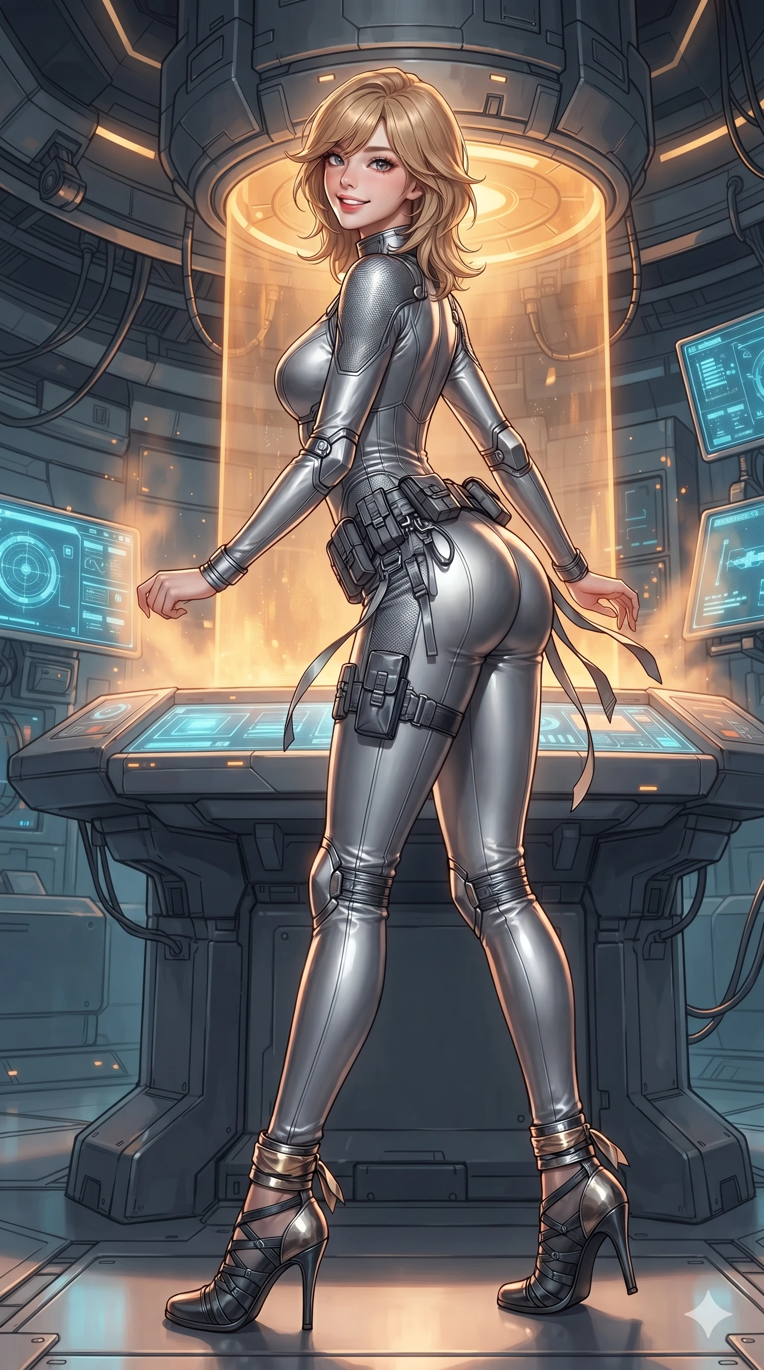 score_9, masterpiece, best quality, ultra-detailed, high-budget anime keyframe, editorial fashion photography, tasteful artistic composition, Korean woman. low angle full-body shot from head to toe showing her feet, filling the entire 9:16 vertical frame with her statuesque presence, stretching her vertical silhouette. executing a cheerful mid-motion pivot turn as her tactical belt and ribbons flutter around her slender legs, glancing over her shoulder with an intoxicating, teasing bedroom-gaze while leaning against the glowing diagnostic terminal console with hips cocked back, gazing through shimmering amber heat haze with intoxicating bedroom-eyes. The surrounding environment is rendered in vivid detail and crisp panoramic clarity: intricate ballistic microfiber weave, metallic armor clasps, and high-tech reactor machinery in razor-sharp clarity. She has an absolutely perfect, statuesque 8.5-heads proportion, an exceptionally tall and slender model-like female figure with impossibly long slender legs, an ultra-slim waist, a flat toned midriff, narrow delicate ribcage, and beautifully sculpted feminine hips creating a graceful, slim hourglass silhouette without any bulky heaviness. sharp v-shaped jawline, high-bridge nose, intricate jewel-like sparkling eyes with depth, thick eyelashes, glossy parted lips with a natural sheen, bright confident smile with an enchanting and coquettish sensual glint, exuding both youthful magnetic charm and sovereign high-tech allure, flawlessly proportioned anatomical accuracy, strict slender model proportions, natural body alignment, perfectly sculpted long slender limbs, ultra-slim waistline, clean dynamic posture without body distortion. wearing a body-contouring high-neck metallic cyber-jersey jumpsuit casting radiant starlight shimmer across her flat midriff in reflective liquid mercury and matte phantom grey, made of flexible bullet-resistant ballistic microfiber with high-tensile strength, complemented by strappy stiletto combat boots with metallic ankle wraps accentuating her slender calves, the form-fitting tactical tailoring adhering flawlessly to her sculpted flat midriff and slender torso, emphasizing her long leg lines and perfectly proportioned willowy build. illuminated by reactor gantry reflection bounce and sharp golden-amber rim lights sculpting her razor-sharp jawline, narrow waist, and curvy hips. ultra-reflective glossy finish, specular highlights, rich textural contrasts, high-contrast stereoscopic depth, volumetric dynamic lighting, 2k, ultra detail, master piece, 9:16 ratio
