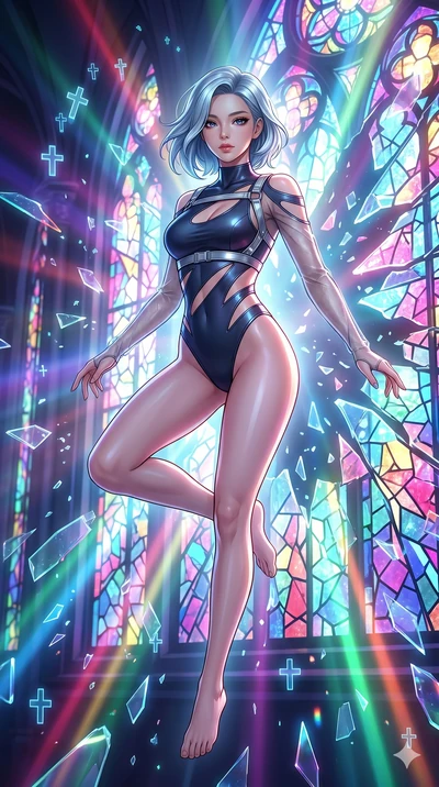 score_9, masterpiece, best quality, ultra-detailed, high-budget anime keyframe, Korean woman. Upper body close-up from the thighs up, character filling the screen for maximum presence. She is leaping through shattered stained glass of a neon-lit futu