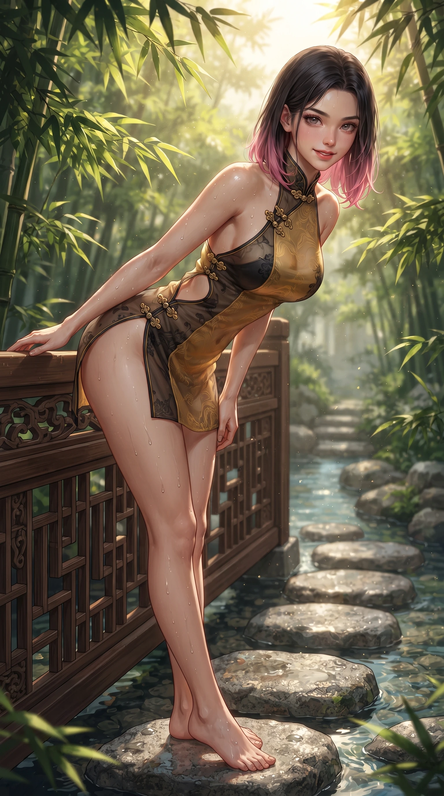score_9, masterpiece, best quality, ultra-detailed, high-budget anime keyframe, editorial fashion photography, tasteful artistic composition, Korean woman. close-up cowboy shot from the waist and thighs up, the character dominates the composition, filling the frame with her large presence. leaning forward over the carved veranda balustrade while arching her lower back to accentuate her curvy hips, looking into the camera with an enchanting coquettish smile and bedroom-eyes while standing barefoot on smooth granite stepping stones across a crystal mountain brook, arching her back with a playful, joyful smile. The surrounding environment is rendered in vivid detail and crisp panoramic clarity: detailed linen and silk fabric weave, water droplet beads on skin, and pristine nature landscape in high resolution. She has an exceptionally elegant, slender, and willowy female figure with an ultra-slim waist, flat toned midriff, narrow ribcage, and sculpted feminine hips creating an alluring, slim hourglass silhouette without bulk. sharp v-shaped jawline, high-bridge nose, intricate jewel-like dark sparkling almond eyes with depth, thick lashes, glossy parted lips with a natural rose-plum sheen, bright alluring and coquettish smile with bedroom-eyes, exuding both timeless oriental elegance and sovereign high-fashion allure, flawlessly proportioned anatomical accuracy, strict slender model proportions, natural body alignment, perfectly sculpted long slender limbs, ultra-slim waistline, clean dynamic posture without body distortion. wearing a backless halter qipao mini dress with delicate frog-button closures and side waist cutouts framing her hourglass curves in antique saffron gold and ebony black, tailored from sheer gossamer silk organza with an airy weightless flutter, accented with intricate gold frog buttons and a delicate mandarin collar, the form-fitting tailored bodice adhering flawlessly to her sculpted flat midriff and slender torso, emphasizing her long leg lines and perfectly proportioned willowy build. bathed in dappled golden morning sunbeams filtering through dense green bamboo leaves. ultra-reflective glossy finish, specular highlights, rich textural contrasts, high-contrast stereoscopic depth, volumetric dynamic lighting, 2k, ultra detail, master piece, 9:16 ratio