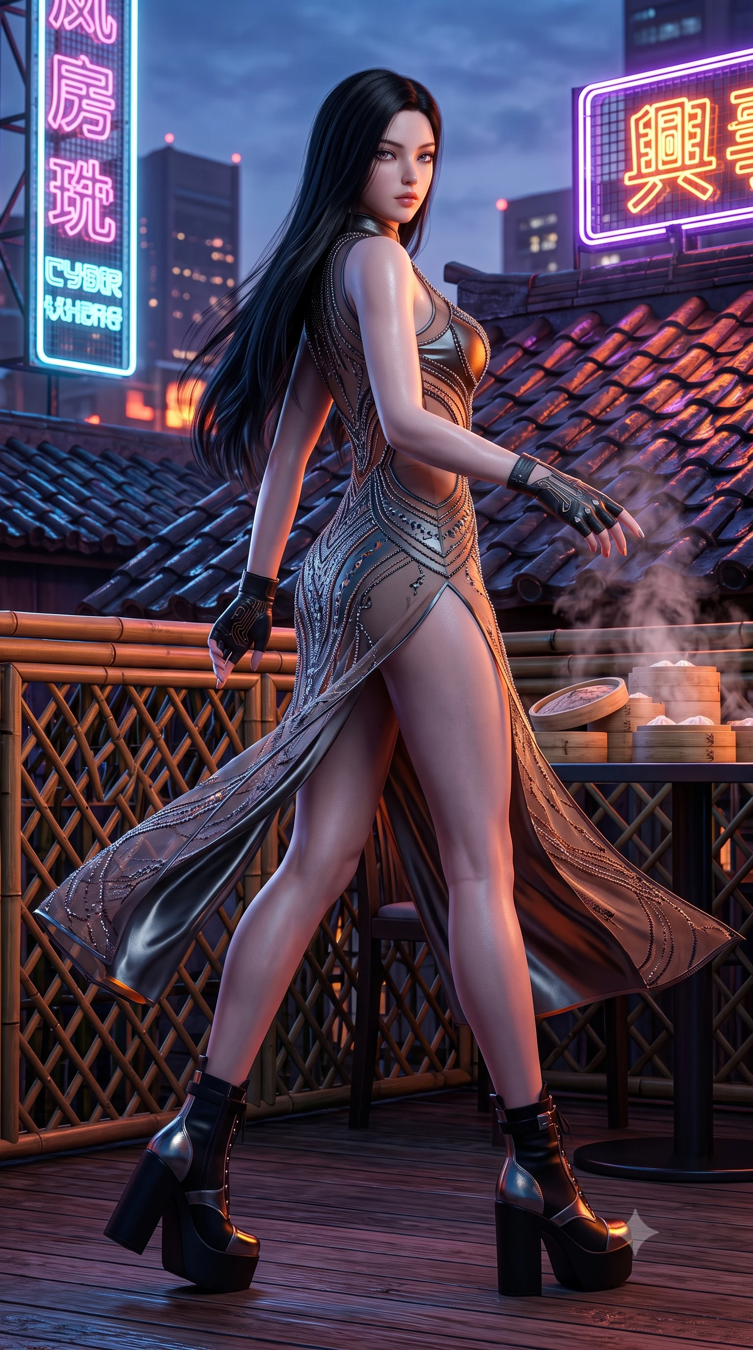 score_9, masterpiece, best quality, ultra-detailed, high-budget anime keyframe, semi-realistic 3D game render, editorial fashion photography, tasteful artistic composition, Korean woman. low angle full-body shot from head to toe showing her feet, filling the entire 9:16 vertical frame with her statuesque presence, stretching her vertical silhouette. executing an elegant mid-motion pivot turn as garments swirl around her slender limbs, glancing over her shoulder with an intoxicating bedroom-gaze while striding across the neon-drenched rooftop deck as steam curls from dim sum bamboo steamers, her high-slit dress fluttering to reveal her long slender legs. The surrounding environment is rendered in vivid detail and crisp panoramic clarity. sharp bamboo lattice textures, wet ceramic roof tiles, and glowing neon tube reflections in deep focus. She has an absolutely perfect, statuesque 8.5-heads proportion, an exceptionally tall and slender model-like female figure with impossibly long slender legs, a toned flat midriff, an ultra-slim waist, and beautifully sculpted feminine hips. sharp v-shaped jawline, high-bridge nose, intricate jewel-like eyes with depth, thick eyelashes, glossy parted lips with a natural sheen, intensely captivating and seductive bedroom-eyes expression, flawlessly proportioned anatomical accuracy, strict slender model proportions, natural body alignment, perfectly sculpted long slender limbs, ultra-slim waistline, clean dynamic posture without body distortion. wearing a sheer vintage mesh cheongsam adorned with intricate beadwork over an opaque silk slip in metallic gunmetal and laser orange, made of sheer contouring power-mesh panels with anatomical curve lines, accessorized with bold platform boots and fingerless leather gloves, the form-contouring material adhering flawlessly to her sculpted flat midriff and slender torso, emphasizing her long leg lines and perfectly proportioned willowy build. surrounded by an enigmatic, sultry, and breathtakingly hypnotic cyber-femme fatale aura. highly saturated vibrant anime colors, detailed shading with soft gradients, rich glossy textures, high-contrast stereoscopic depth, volumetric dynamic lighting, master piece, 9:16 ratio