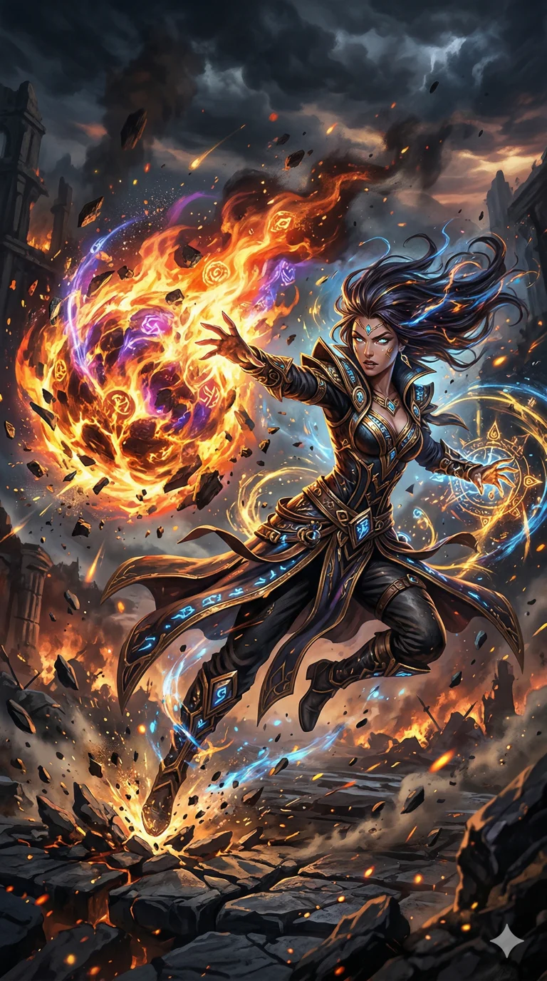 Splash art of a powerful sorceress casting a massive fireball spell. Dynamic pose, glowing magical energy, particles and debris flying. Action-packed, style of a League of Legends character. 4k, ultra detail, master piece, 9:16 ratio 4k, ultra detail, master piece, 9:16 ratio