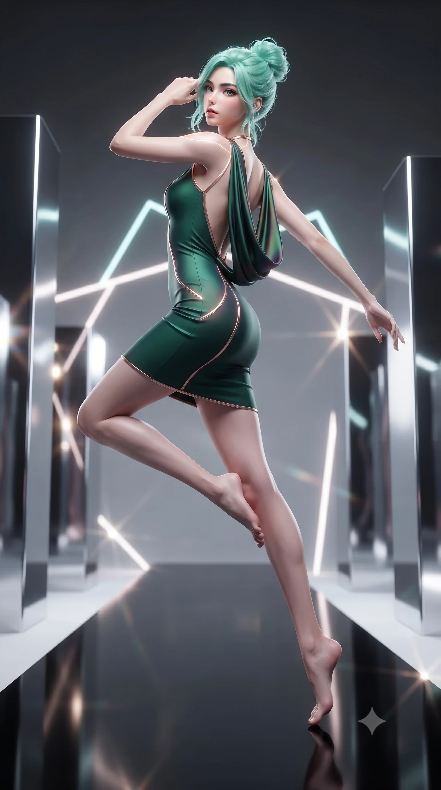score_9, masterpiece, best quality, ultra-detailed, high-budget anime keyframe, editorial fashion photography, tasteful artistic composition, Japanese woman. low angle full-body shot from head to toe showing her feet, filling the entire 9:16 vertical frame with her statuesque presence, stretching her vertical silhouette. leaping through mid-air with an athletic yet alluring arch of her spine, her impossibly long slender legs stretched in flawless poise while pivoting dynamically on a black mirror runway flanked by towering reflective chrome prisms. The composition keeps background elements in soft focus with creamy bokeh. glowing neon geometric lines scattering radiant specular light across a sleek backdrop. She has an absolutely perfect, statuesque 8.5-heads proportion, an exceptionally tall and slender model-like female figure with impossibly long slender legs and an ultra-slim waist. sharp v-shaped jawline, high-bridge nose, intricate jewel-like eyes with depth, thick eyelashes, glossy lips with a natural sheen, flawlessly proportioned anatomical accuracy, natural body alignment, perfectly sculpted elegant limbs, clean dynamic posture without body distortion. wearing a precision-fitted liquid jersey bodycon dress with a dramatic draped cowl back that swoops down to her waist in emerald green and metallic rose gold trim, made of smooth iridescent silk chiffon that shifts colors with movement, accented with glowing fiber-optic seams tracing her collarbones and hip curves, the sleek aerodynamic cut emphasizing her magnetic presence and alluring physical grace. illuminated by sharp white editorial flash lighting with high-contrast reflective rim lights. ultra-reflective glossy finish, specular highlights, metallic sheen, high-contrast stereoscopic depth, volumetric dynamic lighting, 2k, ultra detail, master piece, 9:16 ratio
