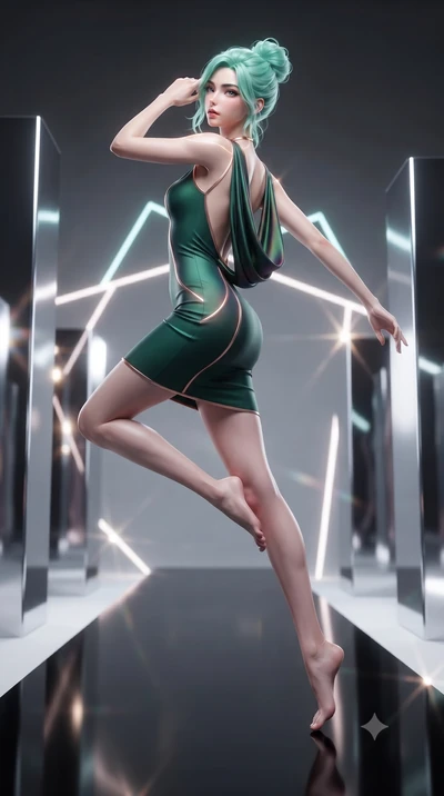 score_9, masterpiece, best quality, ultra-detailed, high-budget anime keyframe, editorial fashion photography, tasteful artistic composition, Japanese woman. low angle full-body shot from head to toe showing her feet, filling the entire 9:16 vertical