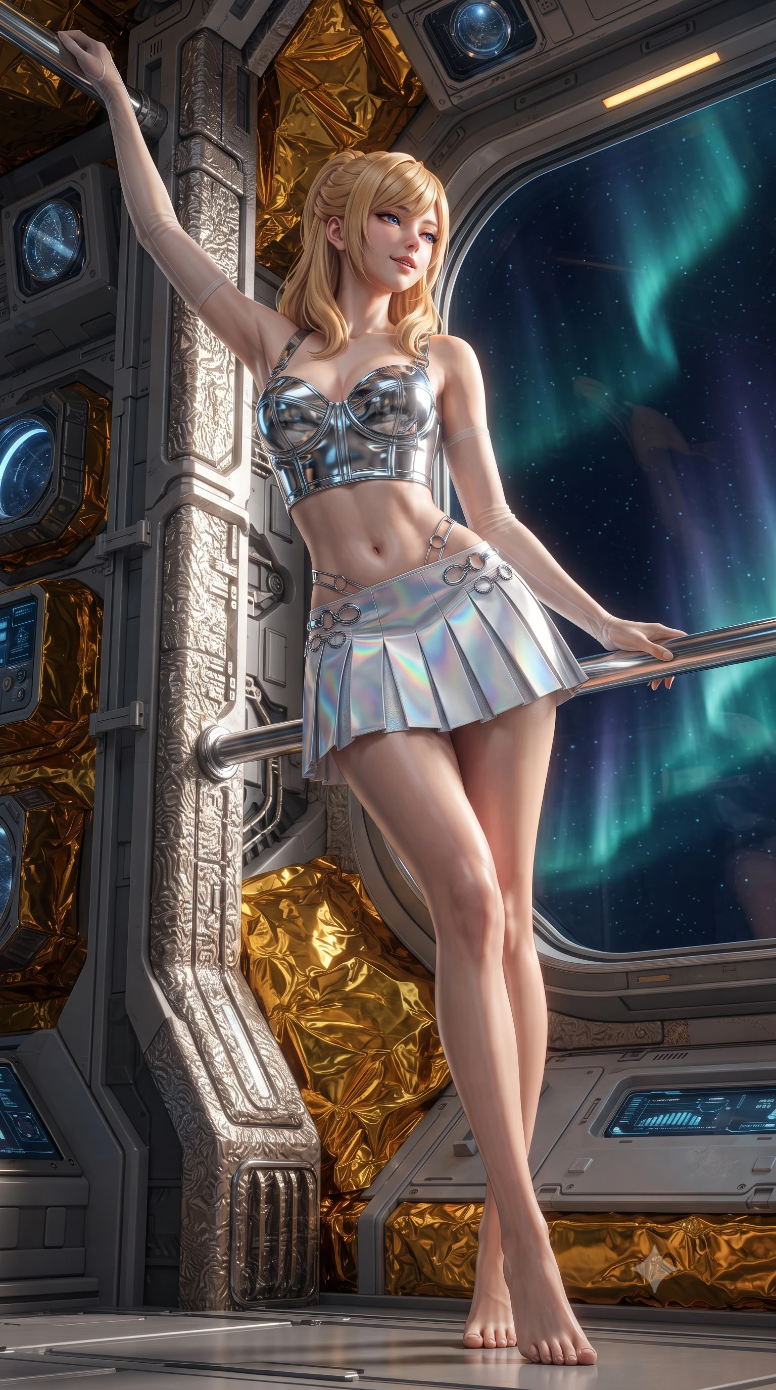 score_9, masterpiece, best quality, ultra-detailed, high-budget anime keyframe, editorial fashion photography, tasteful artistic composition, Caucasian woman. low angle full-body shot from head to toe showing her feet, filling the entire 9:16 vertical frame with her statuesque presence, stretching her vertical silhouette. standing tall beside the architectural column, one hand resting high while arching her lower back to emphasize her sculpted feminine hips and slender waist while leaning against the magnetic safety rail with hips cocked back, looking through the deep space void at swirling auroral storms with heavy-lidded bedroom-eyes. The surrounding environment is rendered in vivid detail and crisp panoramic clarity: sharp gold-leaf thermal insulation foil, crystalline sensor lenses, and micro-meteorite impact shielding textures in deep focus. She has an exceptionally tall and slender model-like 8.5-heads proportion, an ultra-slim waist, a flat toned midriff, narrow delicate ribcage, and beautifully sculpted feminine hips creating a graceful, slim hourglass silhouette without any bulky heaviness, with impossibly long slender legs. sharp v-shaped jawline, high-bridge nose, intricate jewel-like sparkling eyes with depth, thick eyelashes, glossy parted lips with a natural peach sheen, bright cheerful beaming smile with an enchanting and coquettish sensual glint, exuding both youthful cute charm and seductive allure, flawlessly proportioned anatomical accuracy, strict slender model proportions, natural body alignment, perfectly sculpted long slender limbs, ultra-slim waistline, clean dynamic posture without body distortion. wearing a chrome-plated tactical combat bustier top with reinforced underwire paired with a low-rise pleated micro combat skirt in holographic prismatic pearl and aerospace white, adorned with delicate chrome ring hardware and cutouts along her slender waist, complemented by sheer opera-length evening gloves tracing her slender arms, the second-skin tailored fabric adhering flawlessly to her sculpted flat midriff and slender torso, emphasizing her long leg lines and perfectly proportioned willowy build. illuminated by Earth albedo reflection bounce and intense solar-gold rim lights defining her razor-sharp jawline, narrow waist, and curvy hips. ultra-reflective glossy finish, specular highlights, rich textural contrasts, high-contrast stereoscopic depth, volumetric dynamic lighting, 2k, ultra detail, master piece, 9:16 ratio