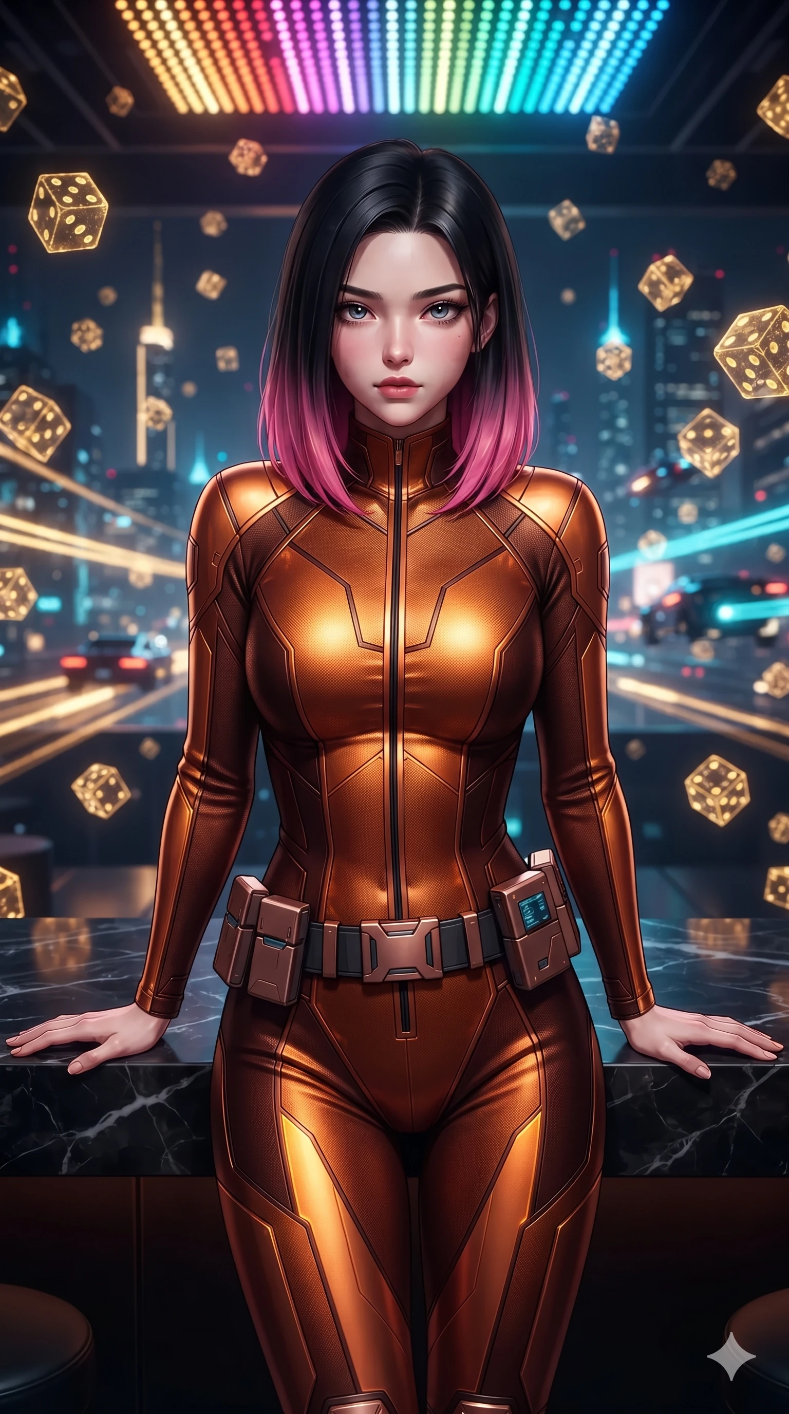 score_9, masterpiece, best quality, ultra-detailed, high-budget anime keyframe, editorial fashion photography, tasteful artistic composition, Korean woman. close-up cowboy shot from the waist and thighs up, the character dominates the composition, filling the frame with her large presence. resting both hands lightly on her tactical utility belt, arching her spine to highlight her narrow waist, flat midriff, and breathtaking collarbones while leaning over the black marble bar with hips cocked back, looking through a holographic cocktail glass with heavy-lidded seductive bedroom-eyes. The background shows a soft-focus tumbling golden holographic dice projections, soaring skyscraper light spires, and flying vehicle light trails blurred into gold, cyan, and midnight blue bokeh. She has an exceptionally elegant, slender, and willowy female figure with an ultra-slim waist, flat toned midriff, narrow ribcage, and sculpted feminine hips creating an alluring, slim hourglass silhouette without bulk. sharp v-shaped jawline, high-bridge nose, intricate jewel-like sparkling eyes with depth, thick eyelashes, glossy parted lips with a natural sheen, bright confident smile with an enchanting and coquettish sensual glint, exuding both youthful magnetic charm and sovereign high-tech allure, flawlessly proportioned anatomical accuracy, strict slender model proportions, natural body alignment, perfectly sculpted long slender limbs, ultra-slim waistline, clean dynamic posture without body distortion. wearing an ultra-sleek form-contouring thermal silicone composite catsuit adhering seamlessly like a second skin in fiery geothermal copper and molten amber glow, woven from high-density tech-wool with subtle metallic thread weave, accented with an open-back drape framed by falling strands of delicate chrome chains, the liquid-tight tailored fabric clinging flawlessly to her narrow waist and rounded feminine hips, emphasizing every millimeter of her sculpted slim hourglass curves without any bulky heaviness. illuminated by bar top reflections and sharp gold-cyan rim lights defining her razor-sharp jawline, narrow waist, and curvy hips. ultra-reflective glossy finish, specular highlights, rich textural contrasts, high-contrast stereoscopic depth, volumetric dynamic lighting, 2k, ultra detail, master piece, 9:16 ratio