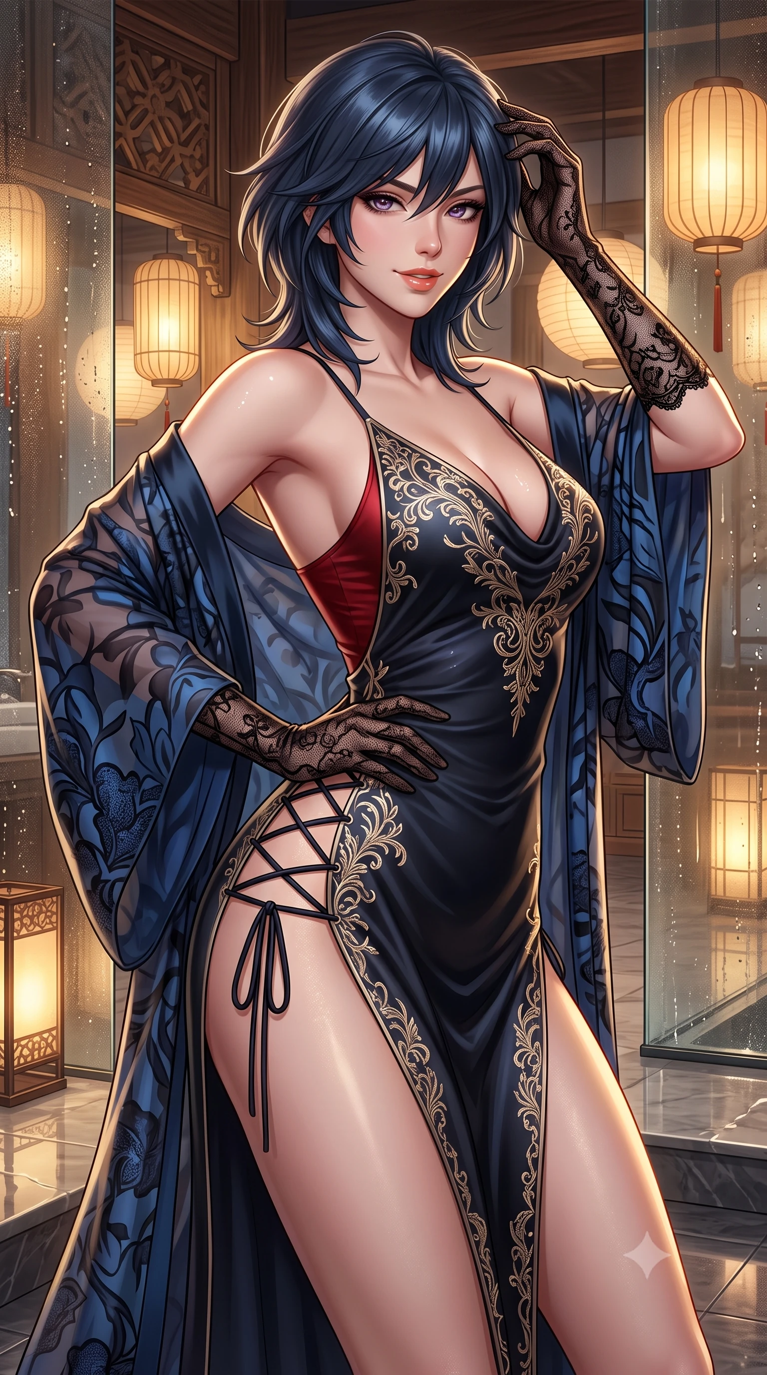 score_9, masterpiece, best quality, ultra-detailed, high-budget anime keyframe, semi-realistic 3D game render, editorial fashion photography, tasteful artistic composition, Caucasian woman. close-up cowboy shot from the waist and thighs up, the character dominates the composition, filling the frame with her large presence. twisting her slender torso in an alluring contrapposto stance, one hand resting on her sculpted hip while her fingers toy with her hair with effortless poise while twisting her slender torso in an alluring contrapposto stance, dewy mist beads and soft interior bamboo lanterns highlighting her flat midriff and hips. The surrounding environment is rendered in vivid detail and crisp panoramic clarity: detailed sheer silk chiffon kimono robe slipping off bare shoulders, red silk camisole cling, and bespoke interior craft in high resolution. She has an exceptionally elegant, slender, and willowy female figure with an ultra-slim waist, flat toned midriff, narrow ribcage, and sculpted feminine hips creating an alluring, slim hourglass silhouette without bulk. sharp v-shaped jawline, high-bridge nose, sparkling eyes with hypnotic seductive depth, thick curled eyelashes, glossy parted lips with a natural dewy peach sheen, alluring bedroom-eyes with an enchanting coquettish smile, exuding magnetic siren charisma and sophisticated glamour, flawlessly proportioned anatomical accuracy, strict slender model proportions, natural body alignment, perfectly sculpted long slender limbs, ultra-slim waistline, clean dynamic posture without body distortion. wearing a plunging cowl-neck liquid cashmere-silk slip gown with daring hip-high double slits and delicate back ties in midnight obsidian black and liquid champagne gold, made of delicate semi-sheer French Chantilly lace with intricate eyelash edges, featuring fine criss-cross lace-up side ties revealing tantalizing glimpses of her hip curve, the glove-like clinging cut tightly following the natural contour of her hips and long slender legs with youthful 8.5-heads elegance. illuminated by wet glass reflections and sharp champagne-gold rim lights defining her delicate clavicles, ultra-slim waist, and curvy hips. highly saturated vibrant anime colors, detailed shading with soft gradients, rich glossy textures, high-contrast stereoscopic depth, volumetric dynamic lighting, master piece, 9:16 ratio