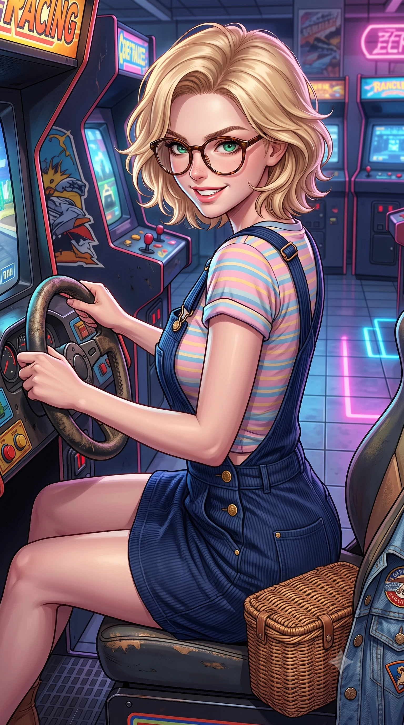 score_9, masterpiece, best quality, ultra-detailed, high-budget anime keyframe, semi-realistic 3D game render, editorial fashion photography, tasteful artistic composition, Caucasian woman. close-up cowboy shot from the waist and thighs up, the character dominates the composition, filling the frame with her large presence. radiating intense magnetic charisma with jewel-like eyes locked onto the viewer, her upper body turning in a dynamic, fluid S-curve while sitting on a coin-op racing game seat with steering wheel in hand, looking over her shoulder with an energetic, competitive grin. The surrounding environment is rendered in vivid detail and crisp panoramic clarity. detailed denim jacket patches, arcade cabinet side art, and floor neon reflections in high resolution. She has an exceptionally elegant, slender, and willowy female figure with an ultra-slim waist, a gracefully sculpted slender torso, toned flat midriff, and a refined slim silhouette. sharp v-shaped jawline, high-bridge nose, intricate jewel-like eyes with depth, thick eyelashes, glossy lips with a natural sheen, captivating and magnetic expression, flawlessly proportioned anatomical accuracy, strict slender model proportions, natural body alignment, perfectly sculpted long slender limbs, ultra-slim waistline, clean dynamic posture without body distortion. wearing a vintage corduroy dungaree dress layered over a pastel striped baby-tee with rolled cuffs in deep navy blue and vintage brass gold, tailored from soft fine-wale corduroy with rich velvety texture, accessorized with a rustic woven wicker basket bag and round tortoiseshell glasses, the breezy yet form-flattering drape swaying gracefully with her steps, accentuating her long willowy limbs and slim waistline. illuminated by crisp directional highlights defining her toned midriff, slender waist, and long legs. highly saturated vibrant anime colors, detailed shading with soft gradients, rich glossy textures, high-contrast stereoscopic depth, volumetric dynamic lighting, master piece, 9:16 ratio