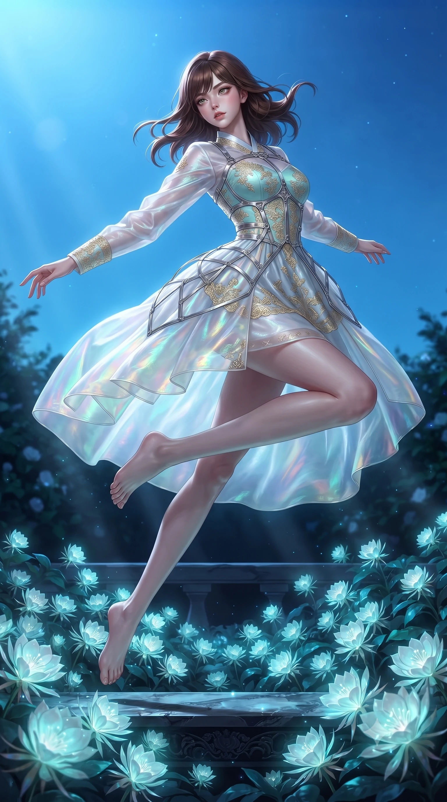 score_9, masterpiece, best quality, ultra-detailed, high-budget anime keyframe, editorial fashion photography, tasteful artistic composition, Korean woman. low angle full-body shot from head to toe showing her feet, filling the entire 9:16 vertical frame with her statuesque presence, stretching her vertical silhouette. leaping dynamically through the luminous sky, her posture full of power and elegance, standing on a dark marble terrace covered in night-blooming bioluminescent white moonflowers, night-blooming white moonflowers emitting soft bioluminescent turquoise and silver light. She has an absolutely perfect, statuesque 8.5-heads proportion, an exceptionally tall and slender model-like female figure with impossibly long slender legs and an ultra-slim waist. sharp v-shaped jawline, high-bridge nose, intricate jewel-like eyes with depth, thick eyelashes, glossy lips with a natural sheen. wearing modern fusion white hanbok dress with structured gold-embroidered bodice in pale opal seafoam, made of iridescent hologram organza, highlighted by a platinum metallic harness structure, following her slender form with tailored precision. lit by quiet moonlit key rays piercing through dark garden foliage. highly saturated vibrant anime colors, detailed shading with soft gradients, rich glossy textures, high-contrast stereoscopic depth, volumetric dynamic lighting, master piece, 9:16 ratio