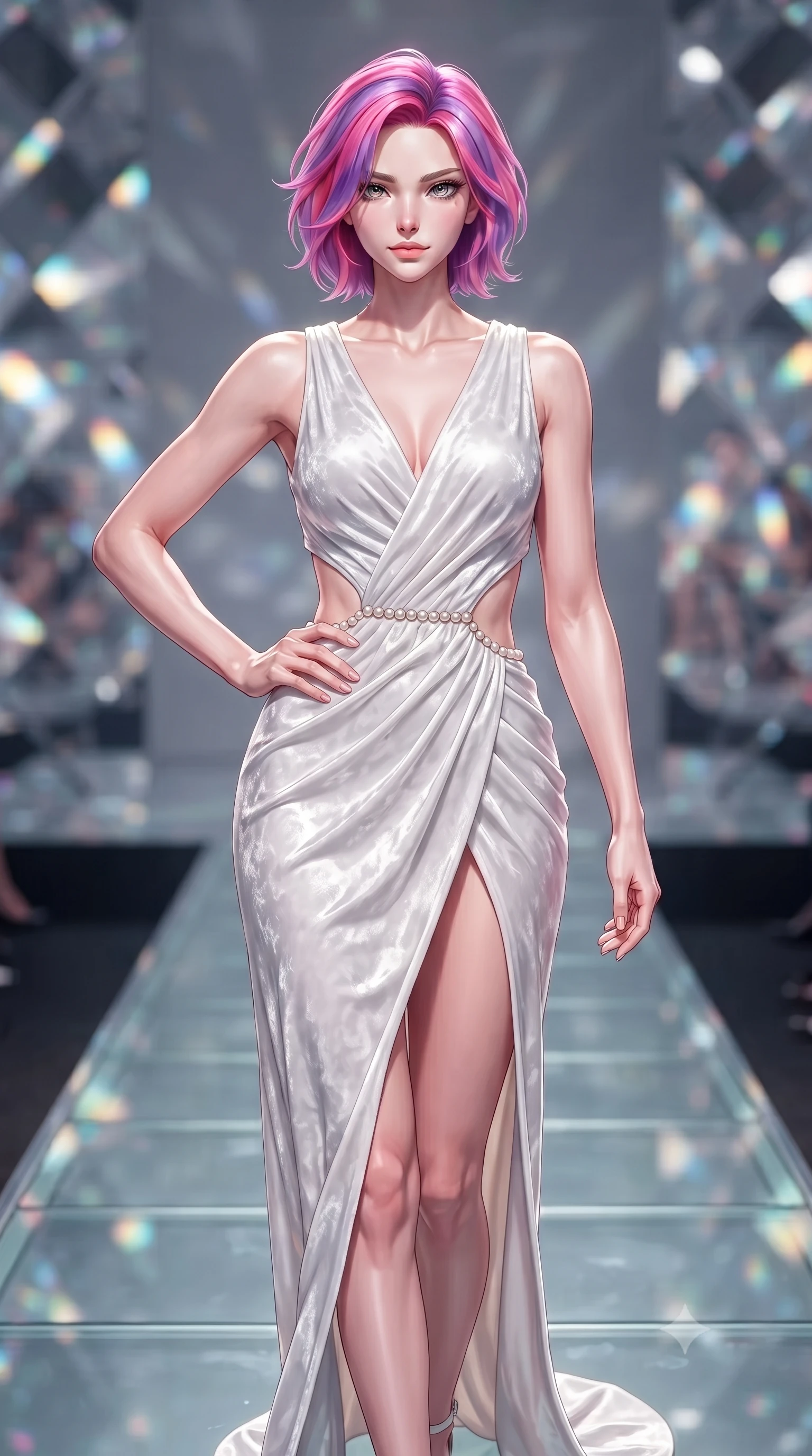score_9, masterpiece, best quality, ultra-detailed, high-budget anime keyframe, editorial fashion photography, tasteful artistic composition, Caucasian woman. close-up cowboy shot from the waist and thighs up, the character dominates the composition, filling the frame with her large presence, background elements kept in soft focus. Holding a confident power pose with one hand on her hip, walking across a polished glass runway surrounded by rotating diamond facet walls, fashion editorial presence with high-intensity visual clarity. She has an exceptionally elegant, slender, and willowy female figure with an ultra-slim waist, a gracefully sculpted slender torso, and a refined silhouette. sharp v-shaped jawline, high-bridge nose, intricate jewel-like eyes with depth, thick eyelashes, glossy lips with a natural sheen. wearing draped white silk gown featuring graceful waist cutouts and thigh slit in pearl white, made of crushed white silk velvet, adorned with minimalist pearl hardware framing the waistline, sculpting her athletic slender build with refined precision. lit by a single piercing key ray multiplying through crystal mirrors. highly saturated vibrant anime colors, detailed shading with soft gradients, rich glossy textures, high-contrast stereoscopic depth, volumetric dynamic lighting, master piece, 9:16 ratio