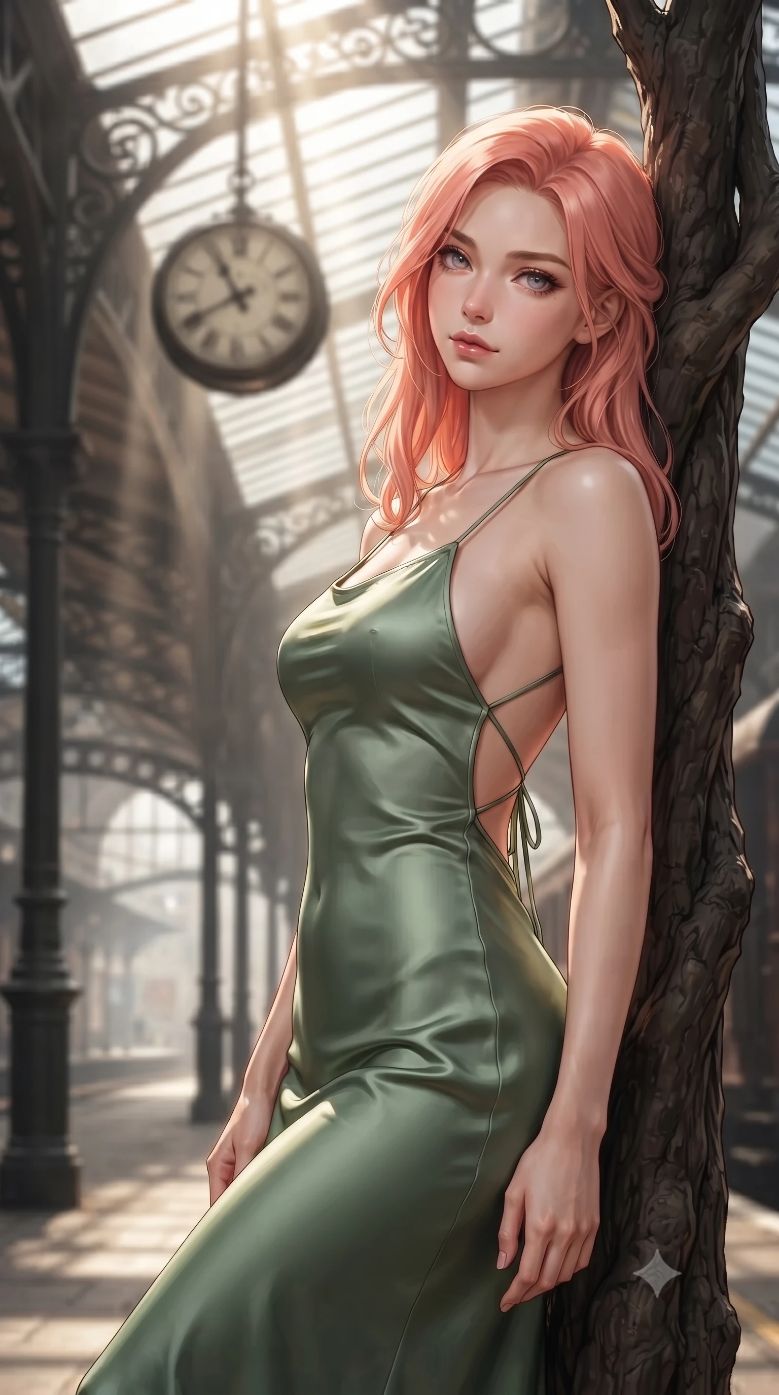 score_9, masterpiece, best quality, ultra-detailed, high-budget anime keyframe, editorial fashion photography, tasteful artistic composition, Japanese woman woman. close-up cowboy shot from the waist and thighs up, the character dominates the composition, filling the frame with her large presence, background elements kept in soft focus. standing relaxed against a tree trunk, sharing a quiet, serene moment with the viewer the background shows a soft-focus a historic train station platform built of iron and glass, with a classic clock hanging. She has an exceptionally elegant, slender, and willowy female figure with an ultra-slim waist, a gracefully sculpted slender torso, and a refined silhouette. sharp v-shaped jawline, high-bridge nose, intricate jewel-like eyes with depth, thick eyelashes, glossy lips with a natural sheen. wearing a body-hugging backless summer dress in sage green silk with thin straps crossing her bare back. morning sunrays cutting through the glass roof, creating volumetric light shafts. ultra-reflective glossy finish, specular highlights, metallic sheen, high-contrast stereoscopic depth, volumetric dynamic lighting, 2k, ultra detail, master piece, 9:16 ratio