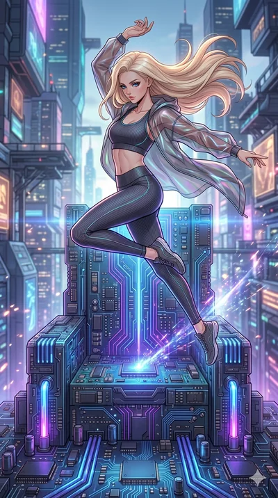 score_9, masterpiece, best quality, ultra-detailed, high-budget anime movie keyframe, cinematic anime lighting, intricate line art, Caucasian (strictly human ears) woman. Mid-air action shot capturing a graceful twist and vertical silhouette. leaping