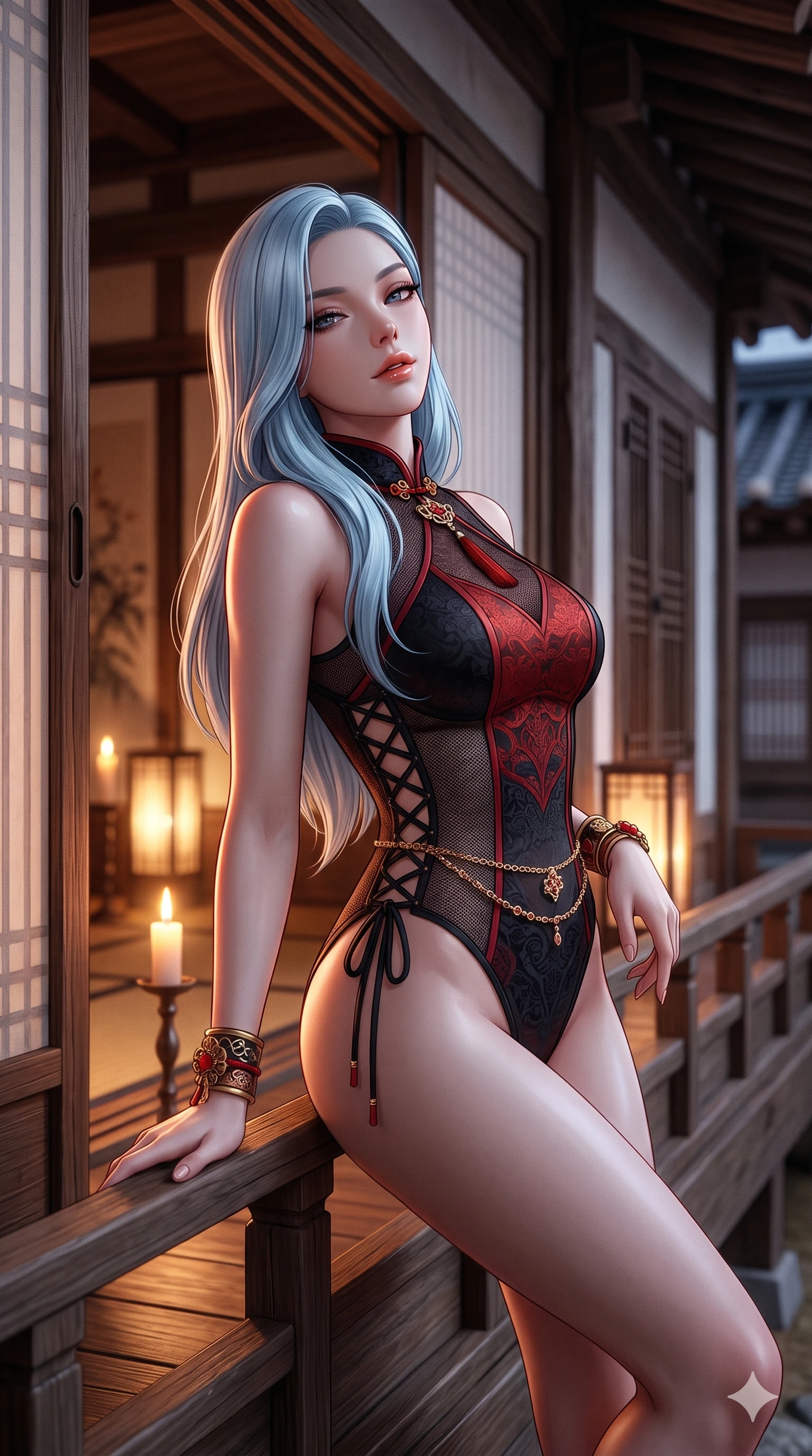 score_9, masterpiece, best quality, ultra-detailed, high-budget anime keyframe, semi-realistic 3D game render, editorial fashion photography, tasteful artistic composition, Korean woman. close-up cowboy shot from the waist and thighs up, the character dominates the composition, filling the frame with her large presence. leaning back against the balustrade with relaxed seductive grace, head tilted back slightly while casting a hypnotic, heavy-lidded gaze while twisting her slender torso in an alluring contrapposto pose beside the sliding rice-paper door, warm candlelight silhouette outlining her curves. The background shows a soft-focus intimate Korean veranda room softened in warm candlelight shallow focus. She has an exceptionally elegant, slender, and willowy female figure with an ultra-slim waist, flat toned midriff, narrow ribcage, and sculpted feminine hips creating an alluring, slim hourglass silhouette without bulk. sharp v-shaped jawline, high-bridge nose, sparkling eyes with hypnotic seductive depth, thick curled eyelashes, glossy parted lips with a natural dewy peach sheen, alluring bedroom-eyes with an enchanting coquettish smile, exuding magnetic siren charisma and sophisticated glamour, flawlessly proportioned anatomical accuracy, strict slender model proportions, natural body alignment, perfectly sculpted long slender limbs, ultra-slim waistline, clean dynamic posture without body distortion. wearing a delicate semi-translucent wet-look mesh hanbok bodysuit clinging sheerly to her sculpted torso and hip curves in midnight obsidian black and rich cinnabar red, featuring fine criss-cross lace-up side ties revealing tantalizing glimpses of her hip curve, finished with a dainty gold belly chain resting across her flat midriff and curving hips, the form-contouring silhouette accentuating her sculpted flat midriff, narrow delicate ribcage, and gracefully curvy hips with intoxicating allure. illuminated by polished floor bounce and sharp rose-gold rim lights defining her razor-sharp jawline, narrow waist, and curvy hips. highly saturated vibrant anime colors, detailed shading with soft gradients, rich glossy textures, high-contrast stereoscopic depth, volumetric dynamic lighting, master piece, 9:16 ratio