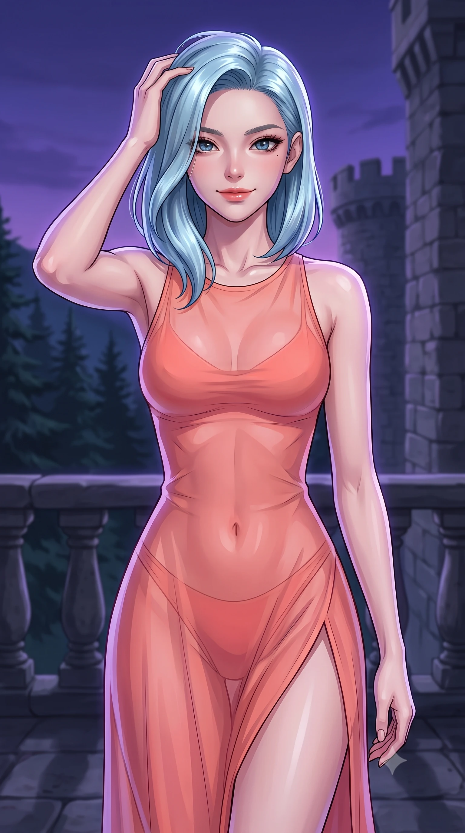 score_9, masterpiece, best quality, ultra-detailed, high-budget anime keyframe, tasteful artistic composition, Korean woman. close-up cowboy shot from the waist and thighs up, the character dominates the composition, filling the frame with her large presence, background elements kept in soft focus. smiling with quiet, magnetic self-assurance directly into the camera, running a hand through her hair the background shows a soft-focus an old stone castle balcony overlooking a dark pine forest at twilight. She has an exceptionally elegant, slender, and willowy female figure with an ultra-slim waist, a gracefully sculpted slender torso, and a refined silhouette. sharp v-shaped jawline, high-bridge nose, intricate jewel-like eyes with depth, thick eyelashes, glossy lips with a natural sheen. wearing a slim-fit high-slit sheer chiffon resort dress in soft coral, revealing the contours of her athletic build through the fabric. deep violet twilight sky glow casting cool highlights on her form. highly saturated vibrant anime colors, cel-shading, 2d style, master piece, 9:16 ratio