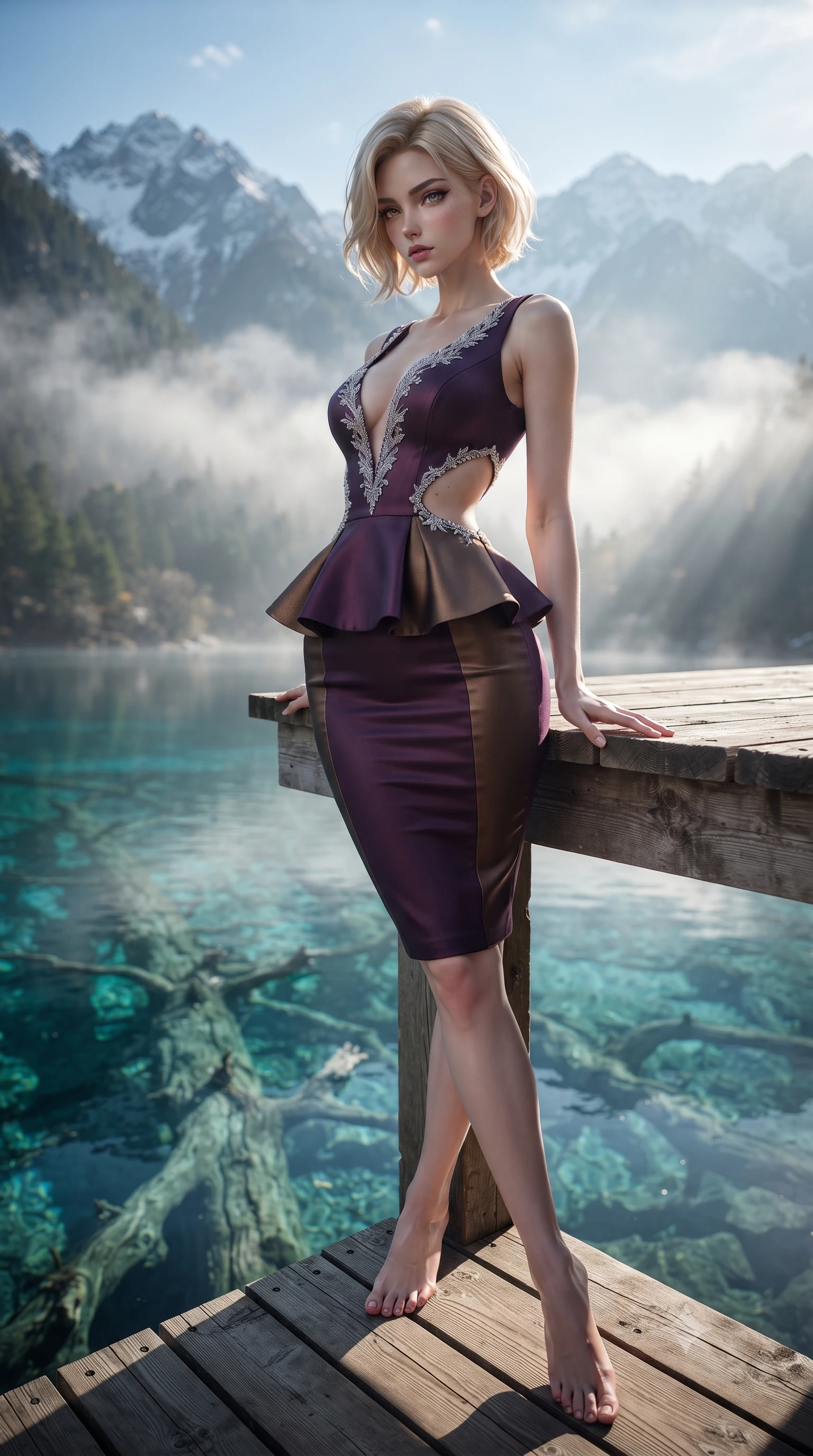 score_9, masterpiece, best quality, ultra-detailed, high-budget anime keyframe, editorial fashion photography, tasteful artistic composition, Caucasian woman. low angle full-body shot from head to toe showing her feet, filling the entire 9:16 vertical frame with her statuesque presence, stretching her vertical silhouette. sitting perched on the elevated edge with hips angled toward the camera and legs crossed, displaying her toned midriff and flawlessly sculpted slender limbs while standing on the wooden lake viewing pier, arching her back as ancient submerged tree trunks lie crystal-clear through multi-hued cyan waters. The composition keeps background elements in soft focus with creamy bokeh. rising morning mist ribbons and snow-dusted Tibetan peaks softened in mystical shallow focus. She has an exceptionally tall and slender model-like 8.5-heads proportion, an ultra-slim waist, a flat toned midriff, narrow delicate ribcage, and beautifully sculpted feminine hips creating a graceful, slim hourglass silhouette without any bulky heaviness, with impossibly long slender legs. sharp v-shaped jawline, high-bridge nose, intricate jewel-like eyes with depth, thick eyelashes, glossy parted lips with a natural sheen, intensely captivating and seductive bedroom-eyes expression, flawlessly proportioned anatomical accuracy, strict slender model proportions, natural body alignment, perfectly sculpted long slender limbs, ultra-slim waistline, clean dynamic posture without body distortion. wearing a modern peplum corset dress with side-waist diamond cutouts and an ultra-tight silhouette in deep plum violet and antique bronze, tailored from water-resistant treated wool gabardine and flexible stretch silk, finished with delicate crystal frost embroidery tracing the plunging neckline, the glove-like aerodynamic silhouette tightly following the natural contour of her hips and long slender legs with statuesque 8.5-heads elegance. bathed in pristine early morning alpine sunlight cutting through rising lake mist. ultra-reflective glossy finish, specular highlights, rich textural contrasts, high-contrast stereoscopic depth, volumetric dynamic lighting, 2k, ultra detail, master piece, 9:16 ratio