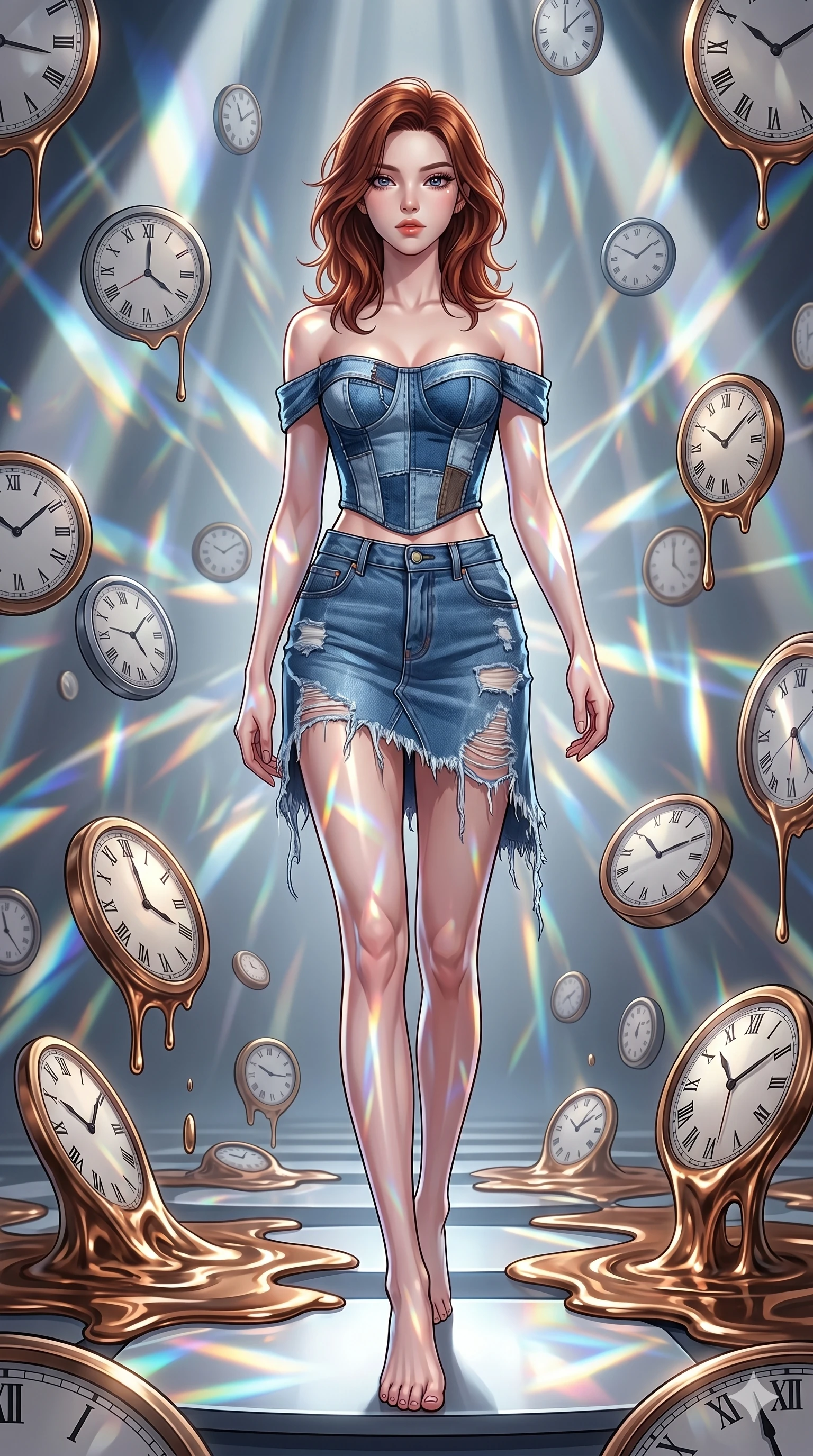 score_9, masterpiece, best quality, ultra-detailed, high-budget anime keyframe, editorial fashion photography, tasteful artistic composition, Korean woman. low angle full-body shot from head to toe showing her feet, filling the entire 9:16 vertical frame with her statuesque presence, stretching her vertical silhouette. Striding confidently forward with elongated powerful stride within a temporal vault where clocks float in mid-air and melt into pools of bronze. She has an absolutely perfect 8-heads proportion, an exceptionally tall and slender female figure with impossibly long slender legs and an ultra-slim waist. V-shaped jawline, high-bridge nose, intricate jewel-like eyes with depth, thick eyelashes, glossy lips with a natural sheen. wearing an off-shoulder corset top made from repurposed blue denim, paired with a matching high-waist asymmetric denim mini-skirt with distressed hem. lit by mirror-reflected prismatic spotlights creating geometric light patterns that play across her body. 2k, ultra detail, master piece, 9:16 ratio