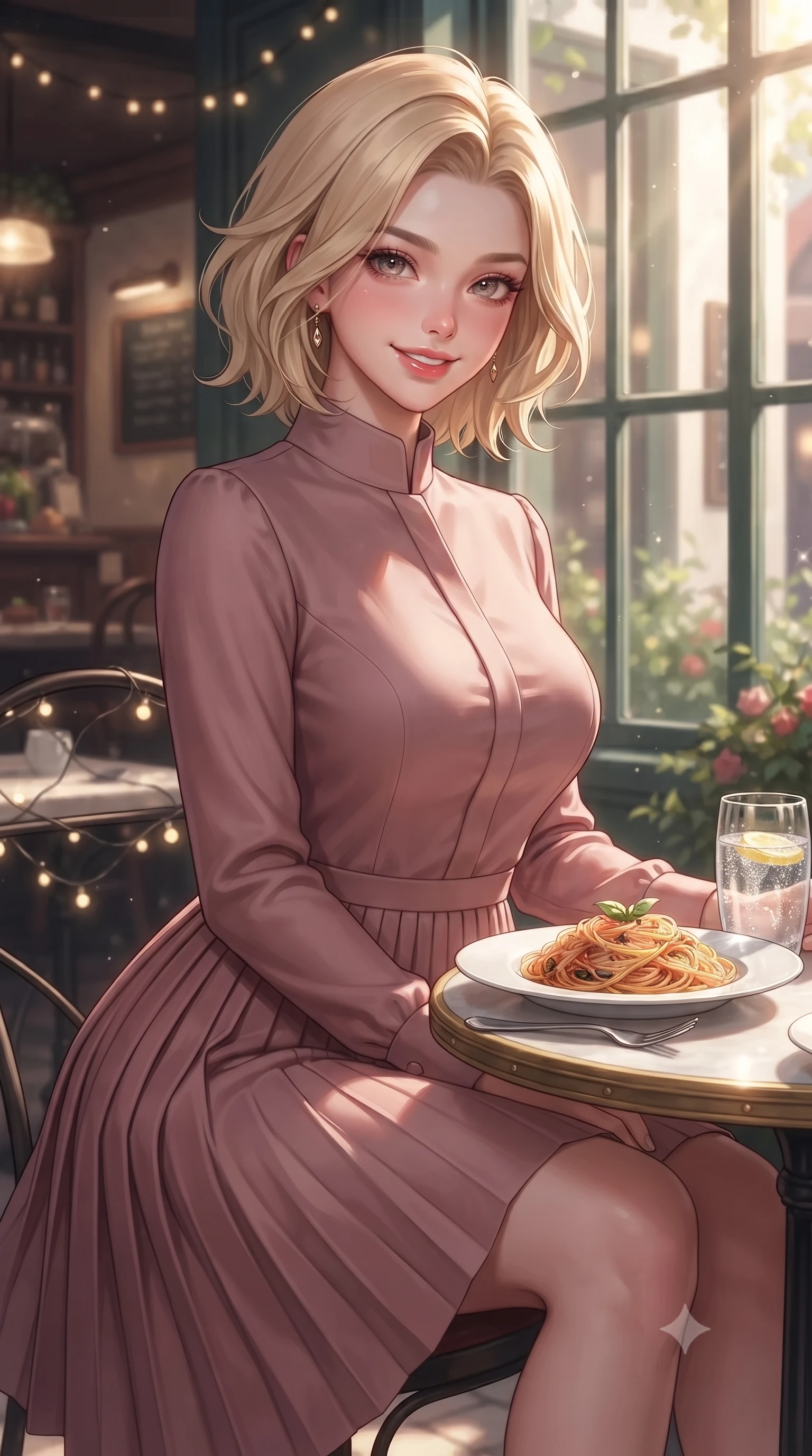 score_9, masterpiece, best quality, ultra-detailed, high-budget anime keyframe, editorial fashion photography, tasteful artistic composition, Caucasian woman. close-up cowboy shot from the waist and thighs up, the character dominates the composition, filling the frame with her large presence, background elements kept in soft focus. smiling warmly with a soft, affectionate expression, making cute eye contact set against a soft-focus background of at an outdoor garden table of a cozy Italian bistro decorated with fairy lights with a plate of delicious pasta and a glass of sparkling water on the table. She has an exceptionally elegant, slender, and willowy female figure with an ultra-slim waist, a gracefully sculpted slender torso, and a refined silhouette. sharp v-shaped jawline, high-bridge nose, intricate jewel-like eyes with depth, thick eyelashes, glossy lips with a natural sheen. wearing tailored lovely long-sleeve midi dress in dusty rose, featuring a high collar and pleated skirt. bright afternoon sunlight streaming through the large window pane. ultra-reflective glossy finish, specular highlights, metallic sheen, high-contrast stereoscopic depth, volumetric dynamic lighting, 2k, ultra detail, master piece, 9:16 ratio