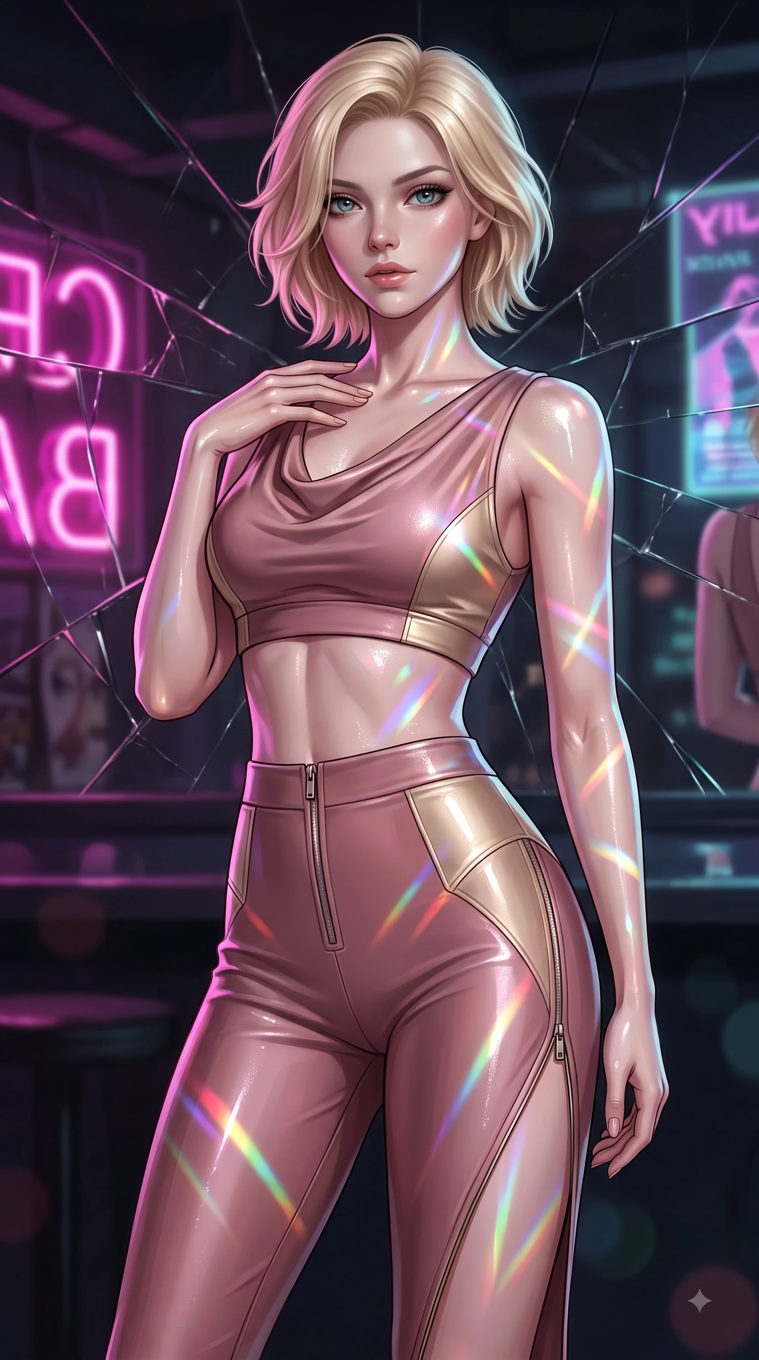 score_9, masterpiece, best quality, ultra-detailed, high-budget anime keyframe, editorial fashion photography, tasteful artistic composition, Caucasian woman. close-up cowboy shot from the waist and thighs up, the character dominates the composition, filling the frame with her large presence, background elements kept in soft focus. Pivoting her torso in an alluring S-curve alignment, one hand gently tracing her collarbone with poise while pivoting dynamically in front of a shattered mirror bar as magenta neon reflections trace her curves, holographic advertisements casting dynamic geometric light patterns on her form. She has an exceptionally elegant, slender, and willowy female figure with an ultra-slim waist, a gracefully sculpted slender torso, and a refined silhouette. sharp v-shaped jawline, high-bridge nose, intricate jewel-like eyes with depth, thick eyelashes, glossy lips with a natural sheen, flawlessly proportioned anatomical accuracy, natural body alignment, perfectly sculpted elegant limbs, clean dynamic posture without body distortion. wearing a glossy vinyl crop top and high-waist tailored leggings with sleek zippers in dusty rose and champagne gold, formed from sleek second-skin neoprene, finished with a sleek side slit ascending to mid-thigh, the elegant draped fit framing her graceful clavicle and slender torso. drenched in wet neon reflections with brilliant specular highlights on her silhouette. ultra-reflective glossy finish, specular highlights, metallic sheen, high-contrast stereoscopic depth, volumetric dynamic lighting, 2k, ultra detail, master piece, 9:16 ratio