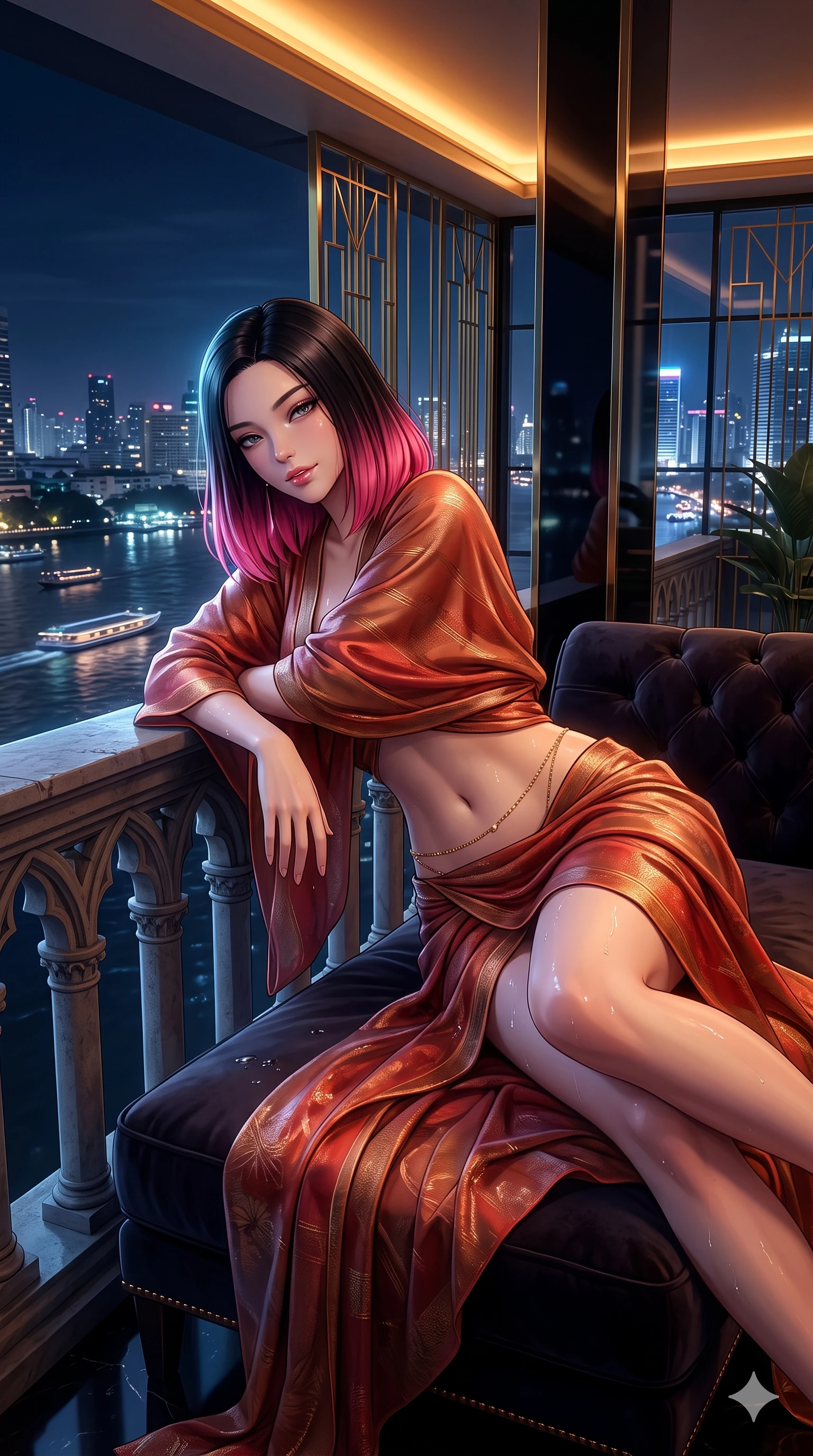 score_9, masterpiece, best quality, ultra-detailed, high-budget anime keyframe, semi-realistic 3D game render, editorial fashion photography, tasteful artistic composition, Korean woman. close-up cowboy shot from the waist and thighs up, the character dominates the composition, filling the frame with her large presence. leaning forward over the carved stone gothic balustrade, looking back with sleepy seductive bedroom-eyes as water reflections dance across her silhouette while lounging in a velvet chaise lounge propped on one elbow with legs crossed, flashing an intoxicating smile with parted glossy lips as river traffic glides past. The surrounding environment is rendered in vivid detail and crisp panoramic clarity: sharp geometric brass window grill bevels, mirror-polished black lacquer pillar reflections, and crisp skyline window grids in deep focus. She has an exceptionally elegant, slender, and willowy female figure with an ultra-slim waist, flat toned midriff, narrow ribcage, and sculpted feminine hips creating an alluring, slim hourglass silhouette without bulk. sharp v-shaped jawline, high-bridge nose, intricate jewel-like sparkling eyes with depth, thick eyelashes, glossy parted lips with a natural sheen, intensely captivating and seductive bedroom-eyes expression, exuding both youthful cute charm and sovereign luxury allure, flawlessly proportioned anatomical accuracy, strict slender model proportions, natural body alignment, perfectly sculpted long slender limbs, ultra-slim waistline, clean dynamic posture without body distortion. wearing a delicate semi-translucent silk yukata that clings to her wet skin and curvy hip contours in imperial vermilion silk and warm bronze, woven from high-density tech-wool with subtle metallic thread weave, accented with a dainty gold belly chain resting across her flat midriff and curving hips, the liquid-tight tailored fabric clinging flawlessly to her narrow waist and rounded feminine hips, emphasizing every millimeter of her sculpted slim hourglass curves without any bulky heaviness. bathed in the prestigious warm 2600K amber glow of recessed Art Deco cove lighting combined with cool neon skyline fill through panoramic glass. highly saturated vibrant anime colors, detailed shading with soft gradients, rich glossy textures, high-contrast stereoscopic depth, volumetric dynamic lighting, master piece, 9:16 ratio