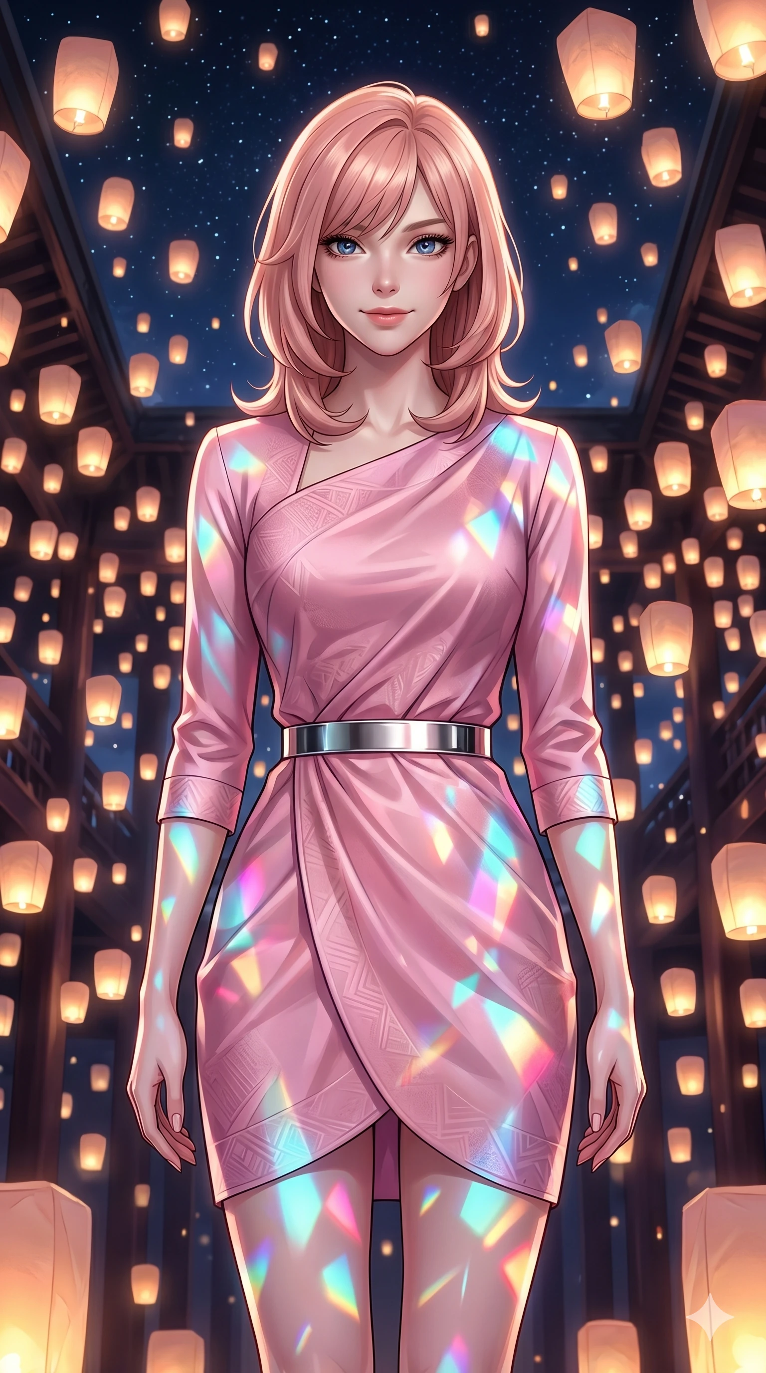 score_9, masterpiece, best quality, ultra-detailed, high-budget anime keyframe, editorial fashion photography, tasteful artistic composition, Japanese woman. cowboy shot from the thighs up, character and outfit filling the frame for maximum editorial presence. Smiling with quiet, magnetic self-assurance directly into the camera within a sanctuary where hundreds of glowing paper lanterns float up towards a starry sky. She has an absolutely perfect 8-heads proportion, an exceptionally tall and slender female figure with impossibly long slender legs and an ultra-slim waist. V-shaped jawline, high-bridge nose, intricate jewel-like eyes with depth, thick eyelashes, glossy lips with a natural sheen. wearing a modernized wrapping dress in pastel pink silk with an asymmetric collar line, three-quarter sleeves, and a silver metallic belt cinching the waist. lit by mirror-reflected prismatic spotlights creating geometric light patterns that play across her body. 2k, ultra detail, master piece, 9:16 ratio