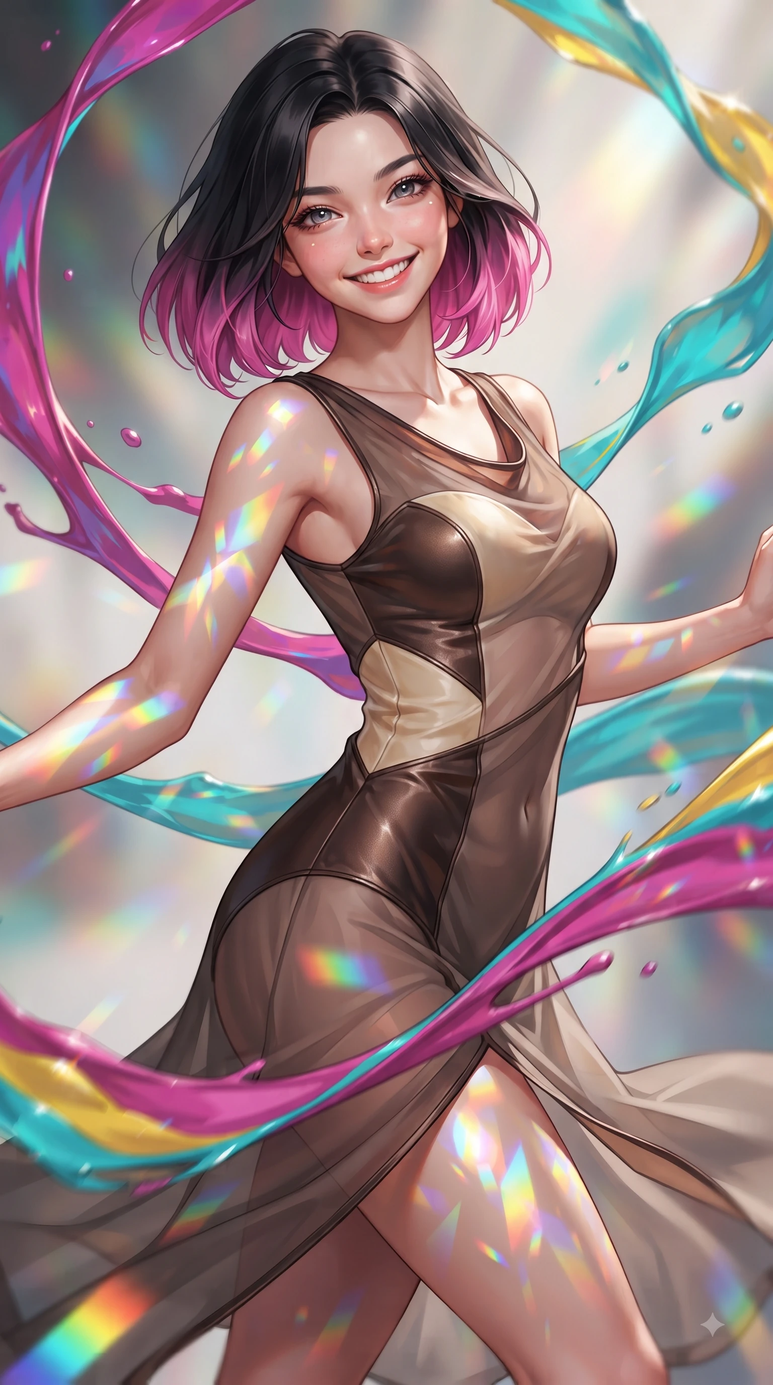 score_9, masterpiece, best quality, ultra-detailed, high-budget anime keyframe, editorial fashion photography, tasteful artistic composition, Korean woman. close-up cowboy shot from the waist and thighs up, the character dominates the composition, filling the frame with her large presence, background elements kept in soft focus. Radiant bright smile with sparkling eyes directed right into the lens, her torso turning in a dynamic S-curve alignment while spinning joyfully amidst swirling ribbons of magenta, turquoise, and yellow liquid acrylic paint, a kaleidoscope of refractions forming colorful geometric light patterns on her skin. She has an exceptionally elegant, slender, and willowy female figure with an ultra-slim waist, a gracefully sculpted slender torso, and a refined silhouette. sharp v-shaped jawline, high-bridge nose, intricate jewel-like eyes with depth, thick eyelashes, glossy lips with a natural sheen, flawlessly proportioned anatomical accuracy, natural body alignment, perfectly sculpted elegant limbs, clean dynamic posture without body distortion. wearing a semi-opaque sheer overlay dress over a leather micro-bodysuit in espresso brown and warm cream, made of premium stretch velvet with a rich sheen, featuring subtle geometric cutouts that highlight her ultra-slim midriff, the elegant draped fit framing her graceful clavicle and slender torso. illuminated by brilliant multi-color rainbow light refracting through glass prisms. ultra-reflective glossy finish, specular highlights, metallic sheen, high-contrast stereoscopic depth, volumetric dynamic lighting, 2k, ultra detail, master piece, 9:16 ratio