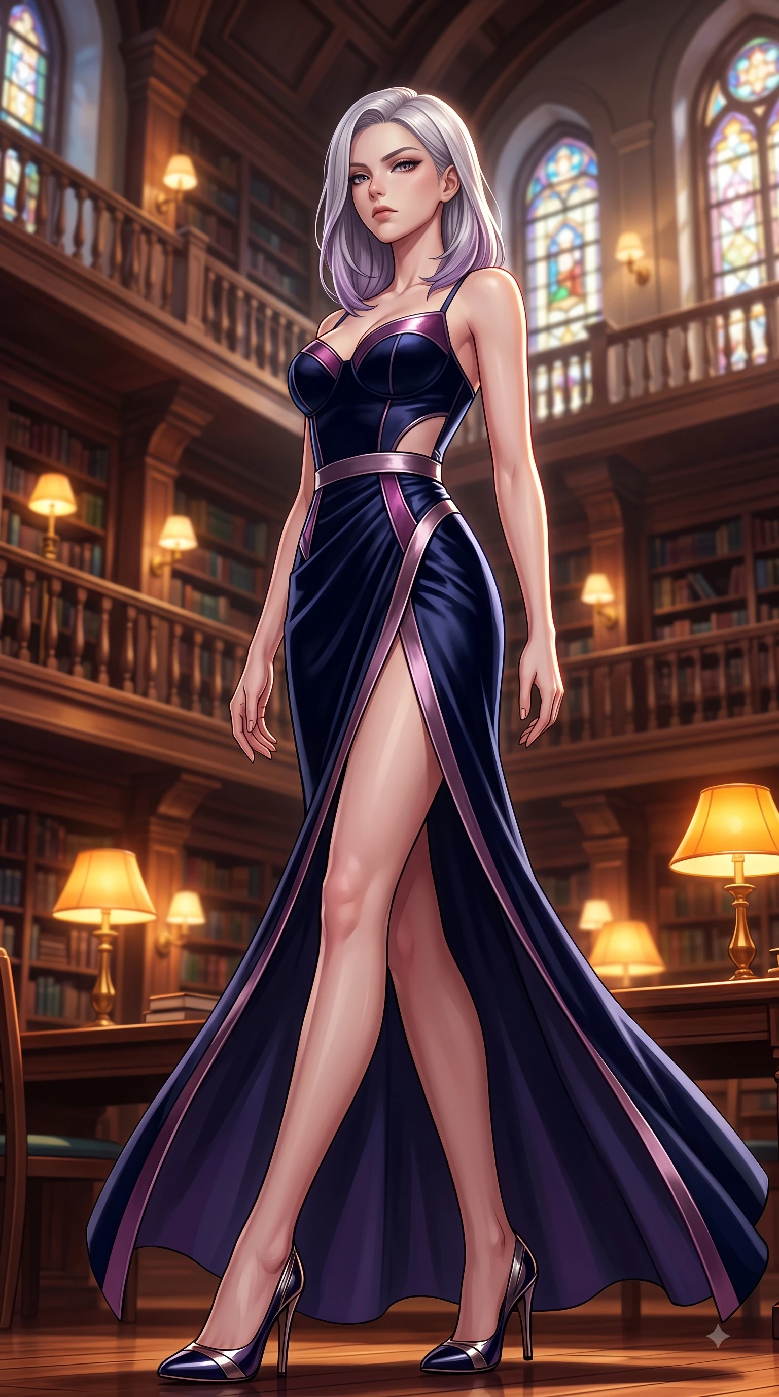 score_9, masterpiece, best quality, ultra-detailed, high-budget anime keyframe, editorial fashion photography, tasteful artistic composition, Caucasian woman. low angle full-body shot from head to toe showing her feet, filling the entire 9:16 vertical frame with her statuesque presence, stretching her vertical silhouette. Cool disdainful expression looking past the camera with effortless superiority and a stoic facial line while pivoting dynamically in a multi-story book hall flanked by golden brass lamps. The composition keeps background elements in soft focus with dreamy bokeh. stained glass windows and glowing desk lamps softened in quiet, atmospheric focus. She has an absolutely perfect, statuesque 8.5-heads proportion, an exceptionally tall and slender model-like female figure with impossibly long slender legs and an ultra-slim waist. sharp v-shaped jawline, high-bridge nose, intricate jewel-like eyes with depth, thick eyelashes, glossy lips with a natural sheen, flawlessly proportioned anatomical accuracy, natural body alignment, perfectly sculpted elegant limbs, clean dynamic posture without body distortion. wearing a sleek dark navy velvet bustier gown with a deep slit and metallic accents in rich plum violet and metallic platinum, crafted from smooth liquid silk satin, complemented by clean architectural seams and subtle cutouts, the fluid drape swaying gracefully with her dynamic editorial movement. illuminated by warm glowing amber desk lamps and rich wood refractions. highly saturated vibrant anime colors, detailed shading with soft gradients, rich glossy textures, high-contrast stereoscopic depth, volumetric dynamic lighting, master piece, 9:16 ratio
