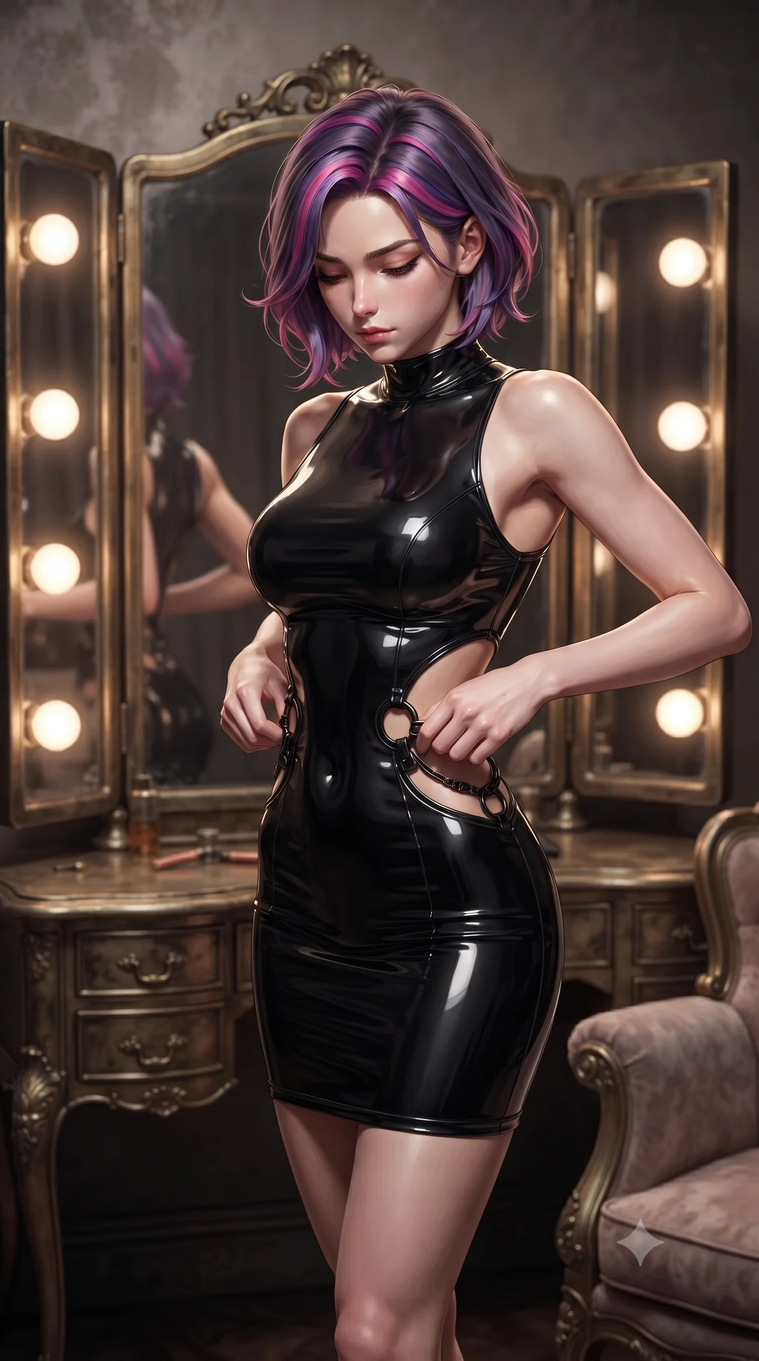 score_9, masterpiece, best quality, ultra-detailed, high-budget anime keyframe, editorial fashion photography, tasteful artistic composition, Caucasian woman. close-up cowboy shot from the waist and thighs up, the character dominates the composition, filling the frame with her large presence, background elements kept in soft focus. Looking down with lowered lashes and a composed, powerful dark aura, adjusting her outfit before an antique trifold dressing mirror, warm round vanity light bulbs creating brilliant circular rim highlights. She has an exceptionally elegant, slender, and willowy female figure with an ultra-slim waist, a gracefully sculpted slender torso, and a refined silhouette. sharp v-shaped jawline, high-bridge nose, intricate jewel-like eyes with depth, thick eyelashes, glossy lips with a natural sheen. wearing aerodynamic second-skin dark silver metallic bodycon dress in pitch-black onyx, made of high-gloss liquid vinyl, trimmed with dark chrome ring hardware along the waist contours, highlighting her statuesque proportions and ultra-slim waistline. illuminated by warm glowing vanity bulbs casting multi-directional rim lights. ultra-reflective glossy finish, specular highlights, metallic sheen, high-contrast stereoscopic depth, volumetric dynamic lighting, 2k, ultra detail, master piece, 9:16 ratio