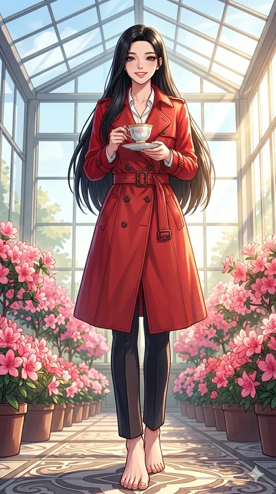 score_9, masterpiece, best quality, ultra-detailed, high-budget anime keyframe, vibrant anime aesthetic, Korean woman. low angle full-body shot from head to toe showing her feet, filling the entire 9:16 vertical frame with her statuesque presence, st