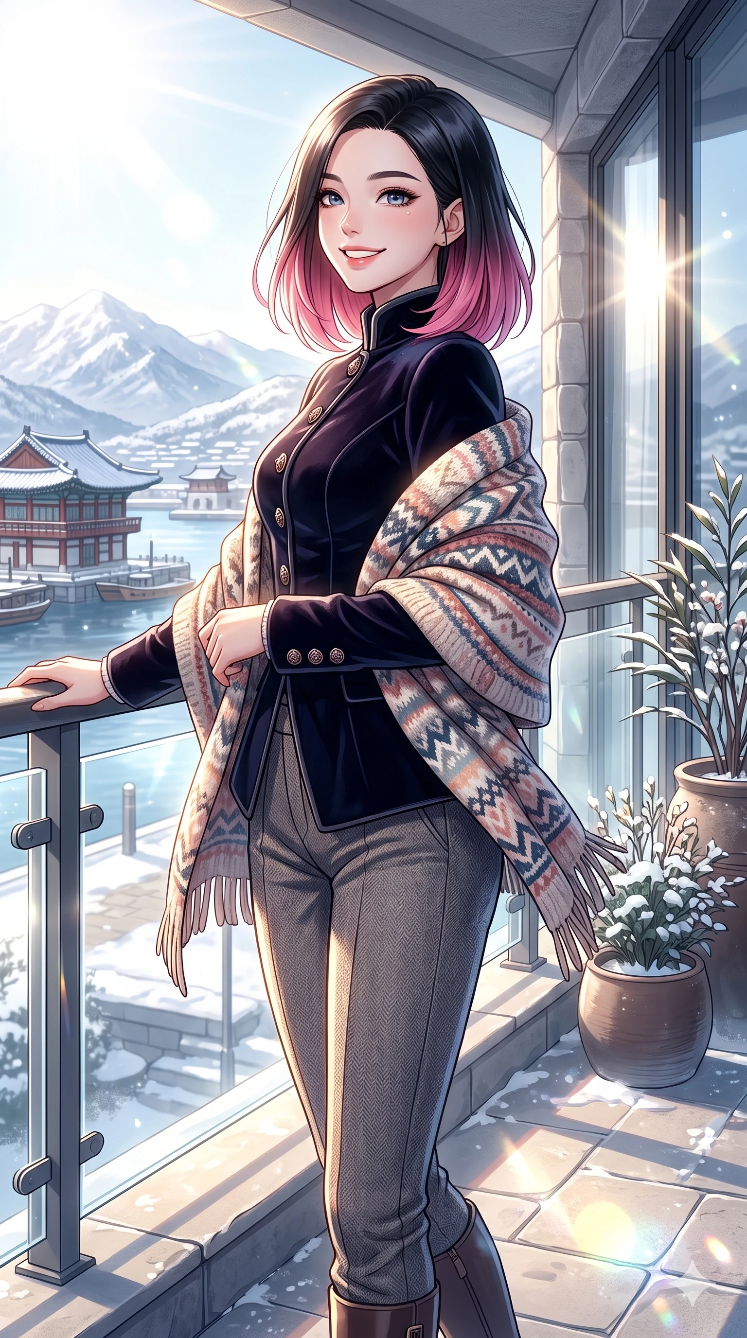 score_9, masterpiece, best quality, ultra-detailed, high-budget anime keyframe, vibrant anime aesthetic, Korean woman. cowboy shot from the thighs up, character and outfit filling the frame for maximum presence. She is standing tall, looking over her shoulder with a radiant, smiling winter expression on a hotel balcony overlooking a sunny winter harbor (Code-P21-170). She has an absolutely perfect 8-heads proportion, an exceptionally tall and slender female figure with impossibly long slender legs and an ultra-slim waist. V-shaped jawline, high-bridge nose, intricate jewel-like eyes with depth, thick eyelashes, glossy lips with a natural sheen. wearing a dark velvet structured bodice combined with a patterned textured knit-inspired shawl in winter. She is bathed in bright morning sun reflecting off the glass panels, creating a glowing winter aura. 2k, ultra detail, master piece, 9:16 ratio