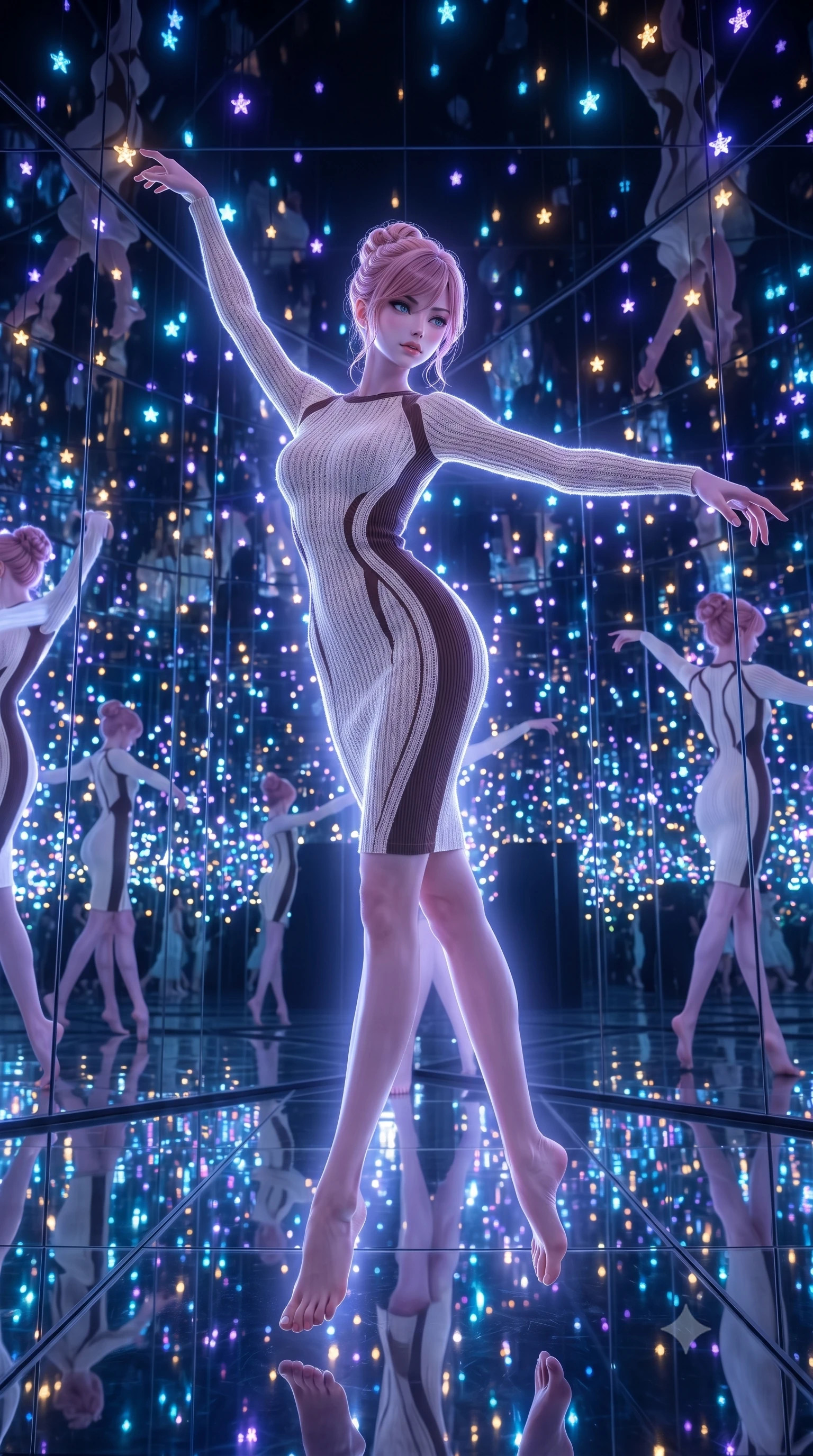 score_9, masterpiece, best quality, ultra-detailed, high-budget anime keyframe, editorial fashion photography, tasteful artistic composition, Japanese woman. low angle full-body shot from head to toe showing her feet, filling the entire 9:16 vertical frame with her statuesque presence, stretching her vertical silhouette. pirouetting mid-air inside inside an art installation of floor-to-ceiling mirrors on all six surfaces with thousands of LED points suspended at different depths creating the illusion of floating in an infinite field of colored stars. She has a statuesque 8.5-heads proportion, an exceptionally tall, slender and willowy model-like build with impossibly long legs and a highly sculpted ultra-slim waist. sharp v-shaped jawline, high-bridge nose, intricate jewel-like eyes with depth, thick eyelashes, glossy lips with a natural sheen. wearing a knitted body-mapping dress in cream with chocolate brown side panels that create an optical waist-narrowing effect. cool ethereal blue-violet bioluminescent glow wrapping around her from all sides. 2k, ultra detail, master piece, 9:16 ratio