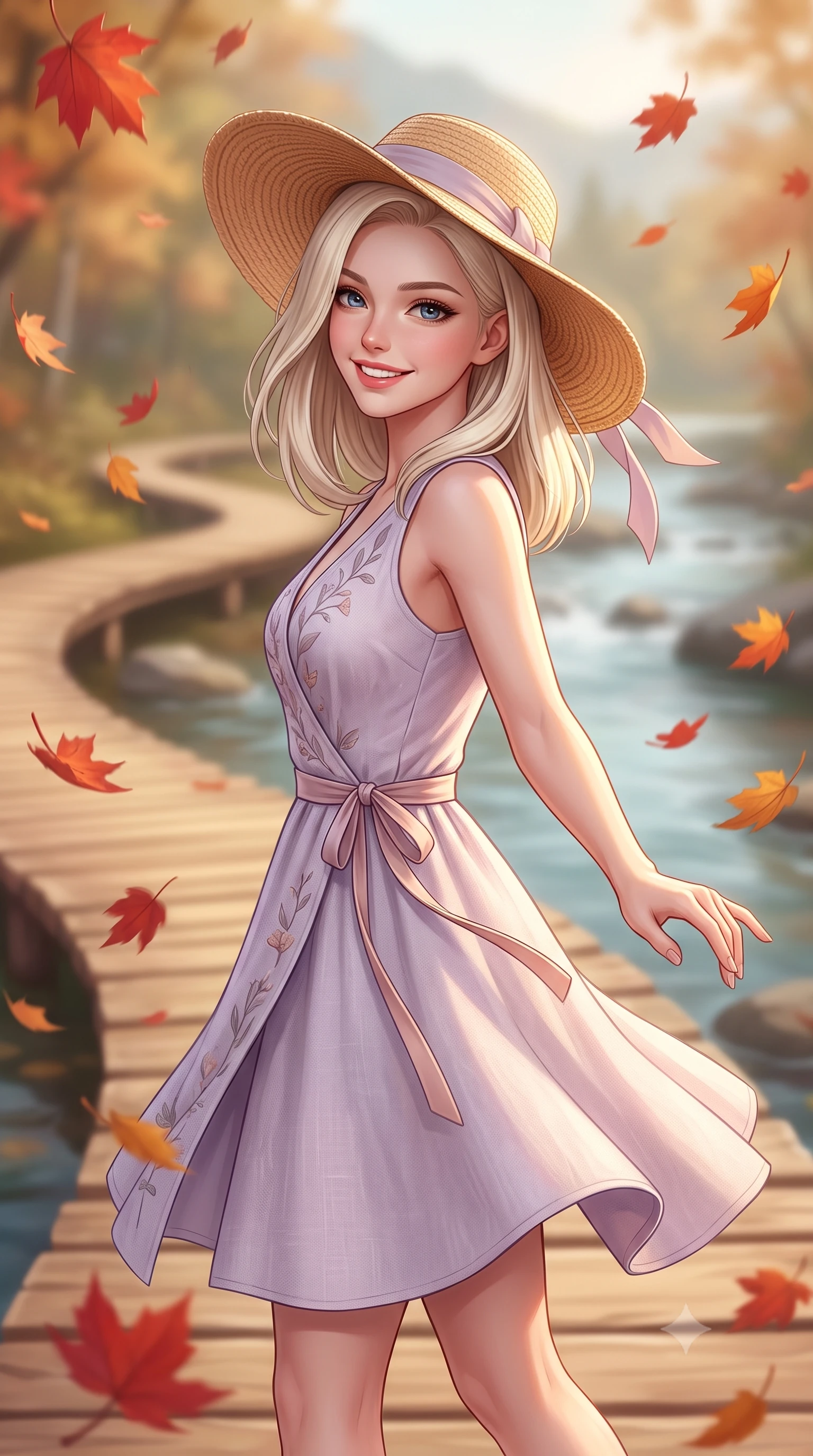 score_9, masterpiece, best quality, ultra-detailed, high-budget anime keyframe, semi-realistic 3D game render, editorial fashion photography, tasteful artistic composition, Caucasian woman. close-up cowboy shot from the waist and thighs up, the character dominates the composition, filling the frame with her large presence. extending one arm gracefully toward the scenery while turning back with an infectious, heartwarming smile while turning gracefully as falling scarlet and amber leaves swirl playfully around her tall, slender silhouette. The composition keeps background elements in soft focus with creamy bokeh. curving wooden boardwalks and tranquil mountain streams softened by warm shallow depth of field. She has an exceptionally elegant, slender, and willowy female figure with an ultra-slim waist, a gracefully sculpted slender torso, toned flat midriff, and a refined slim silhouette. sharp v-shaped jawline, high-bridge nose, intricate jewel-like eyes with depth, thick eyelashes, glossy lips with a natural sheen, pure and lovely fresh girlhood expression, flawlessly proportioned anatomical accuracy, strict slender model proportions, natural body alignment, perfectly sculpted long slender limbs, ultra-slim waistline, clean dynamic posture without body distortion. wearing a romantic wrap-style linen sundress with subtle botanical embroidery and a dainty waist tie in subtle lilac violet and soft rose gold, tailored from soft pastel lightweight wool blend with subtle texture, paired with a wide-brim woven straw hat tied with a pastel ribbon, the chic real-way fashion cut emphasizing her effortless charm, flat midriff, and slender model proportions. surrounded by a warm, romantic, and deeply nostalgic autumn sweetheart aura. highly saturated vibrant anime colors, detailed shading with soft gradients, rich glossy textures, high-contrast stereoscopic depth, volumetric dynamic lighting, master piece, 9:16 ratio
