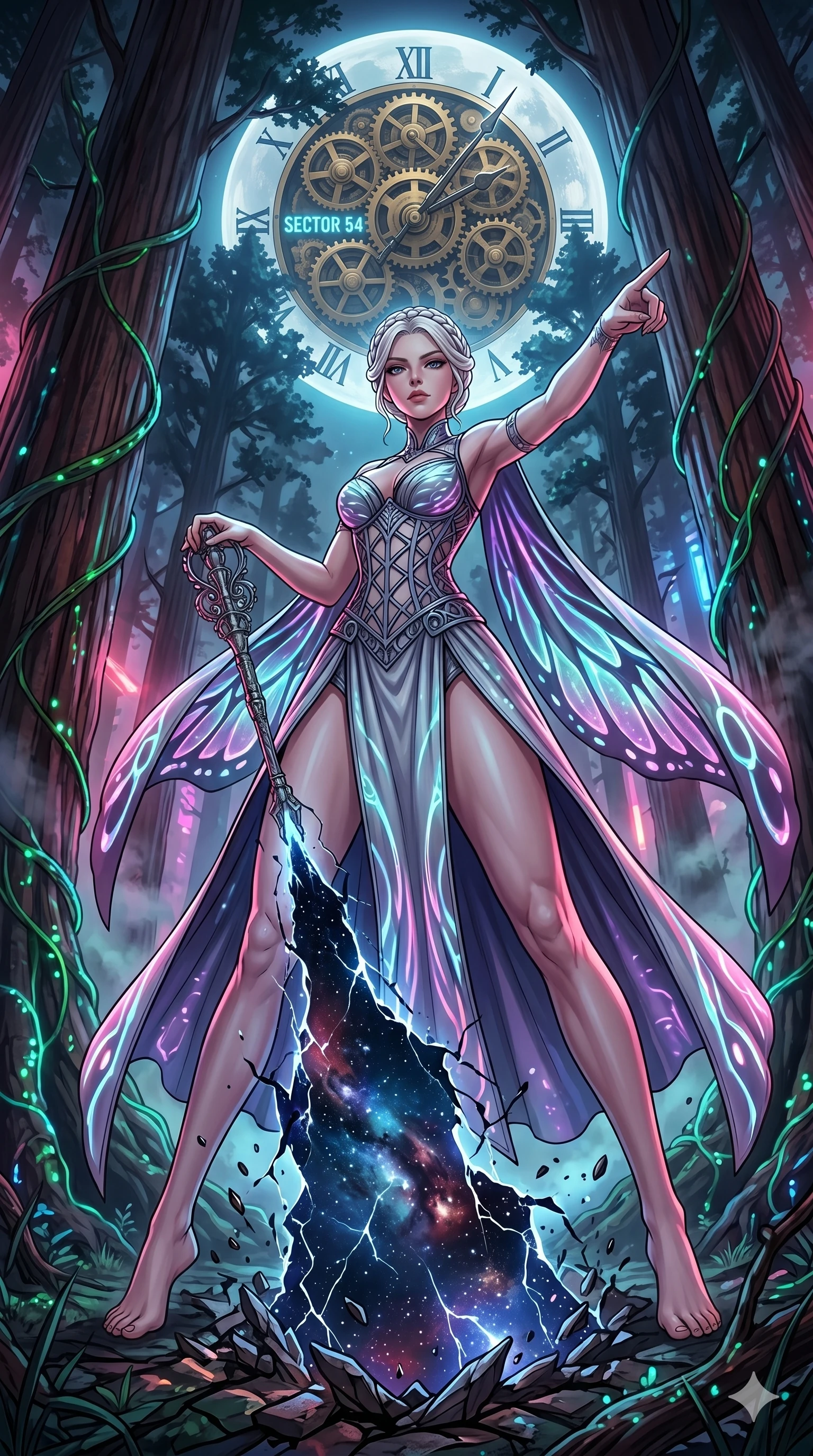 score_9, masterpiece, best quality, ultra-detailed, Set A: High-budget Anime Keyframe, Japanese woman. Low angle cowboy shot filling the entire 9:16 frame with her statuesque presence. Theme: Abstract Cosmic. shattering the fabric of reality in a giant redwood forest with glowing vines, with a massive clockwork moon ticking behind her as sector 54. The atmosphere is filled with heavy smog with neon flares. She has an absolutely perfect 8-heads proportion, an exceptionally tall and slender female figure with impossibly long slender legs and an ultra-slim waist. Sharp v-shaped jawline, high-bridge nose, intricate jewel-like eyes with depth, glossy lips. Wearing Cybernetic butterfly-theme dress with glowing wing-patterned silk capes. Cinematic lighting, vivid colors, dramatic shadows, 2k, ultra detail, master piece, 9:16 ratio