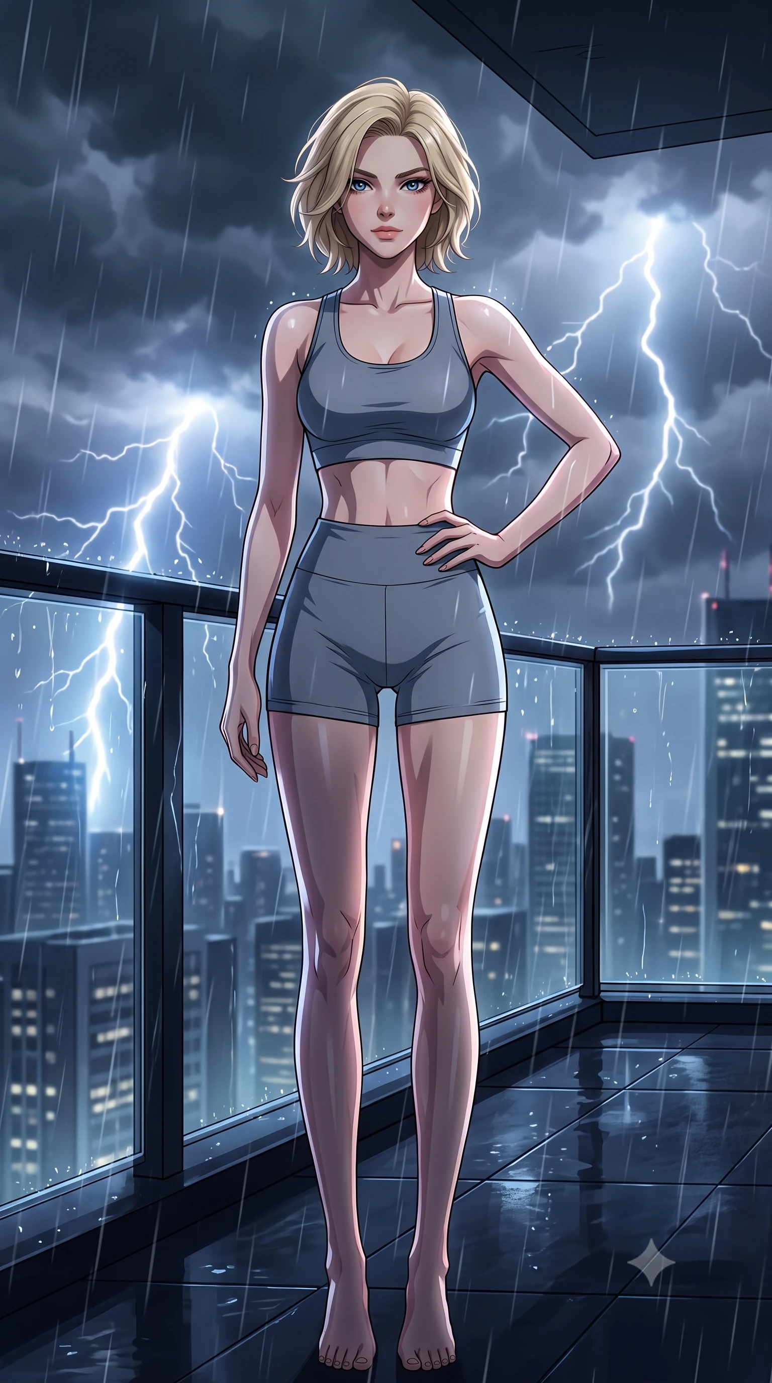 score_9, masterpiece, best quality, ultra-detailed, high-budget anime keyframe, tasteful artistic composition, Caucasian woman. low angle full-body shot from head to toe showing her feet, filling the entire 9:16 vertical frame with her statuesque presence, stretching her vertical silhouette. posing confidently with one hand on her hip, stretching her statuesque body to emphasize her curves the background shows a soft-focus a private balcony of a high-tech apartment during a heavy thunderstorm. She has an absolutely perfect, statuesque 8.5-heads proportion, an exceptionally tall and slender model-like female figure with impossibly long slender legs and an ultra-slim waist. sharp v-shaped jawline, high-bridge nose, intricate jewel-like eyes with depth, thick eyelashes, glossy lips with a natural sheen. wearing a body-hugging body-hugging athletic crop top and high-waisted shorts set in slate grey. bright flashes of lightning casting momentary high-contrast chiaroscuro shadows. highly saturated vibrant anime colors, cel-shading, 2d style, master piece, 9:16 ratio